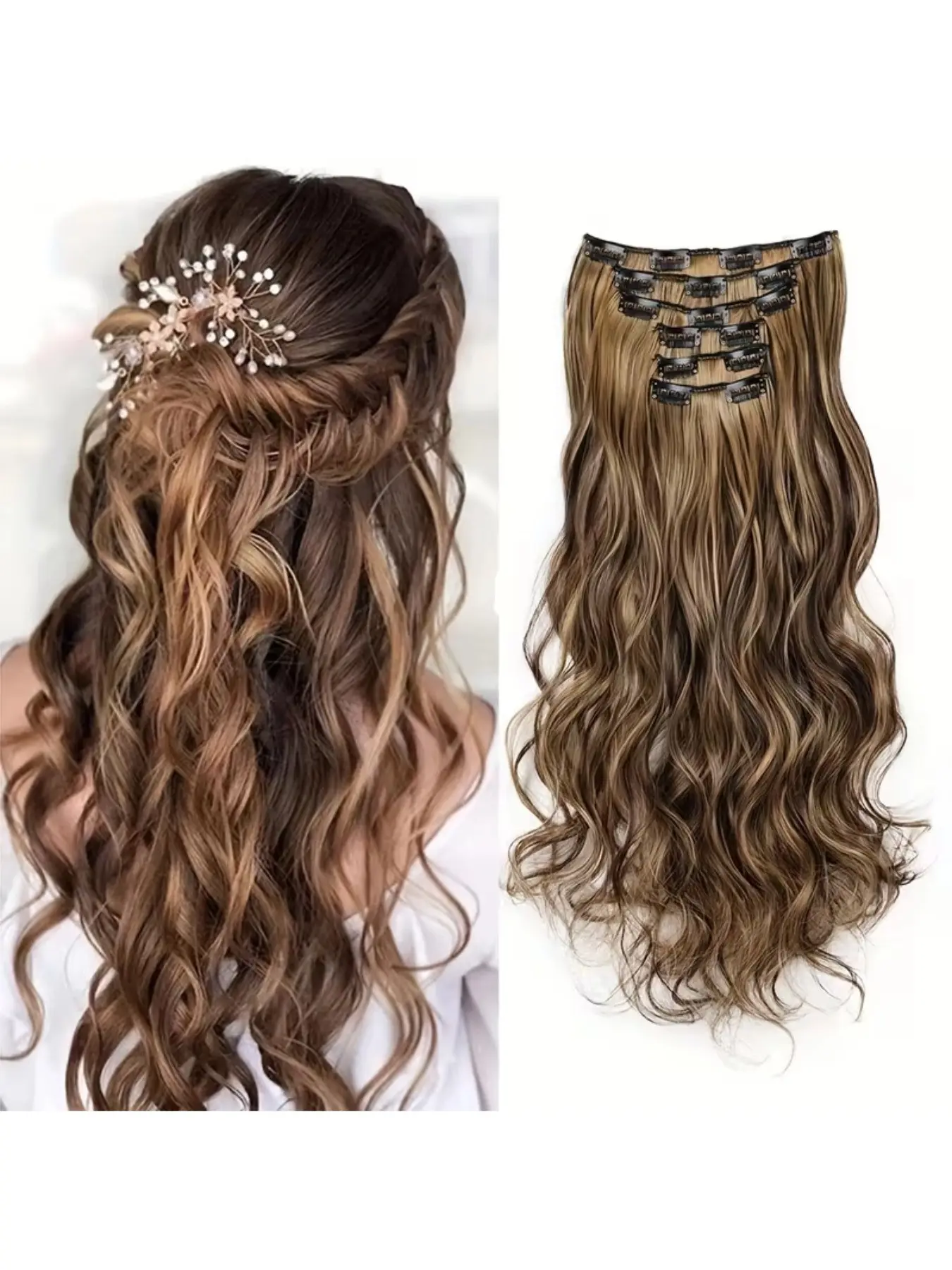 16-Clip Hair Extensions, Ombre Blonde, Black, Gray, 18-Inch Long, Synthetic Wavy Hair, Heat-Resistant, False Hairpiece for Women
