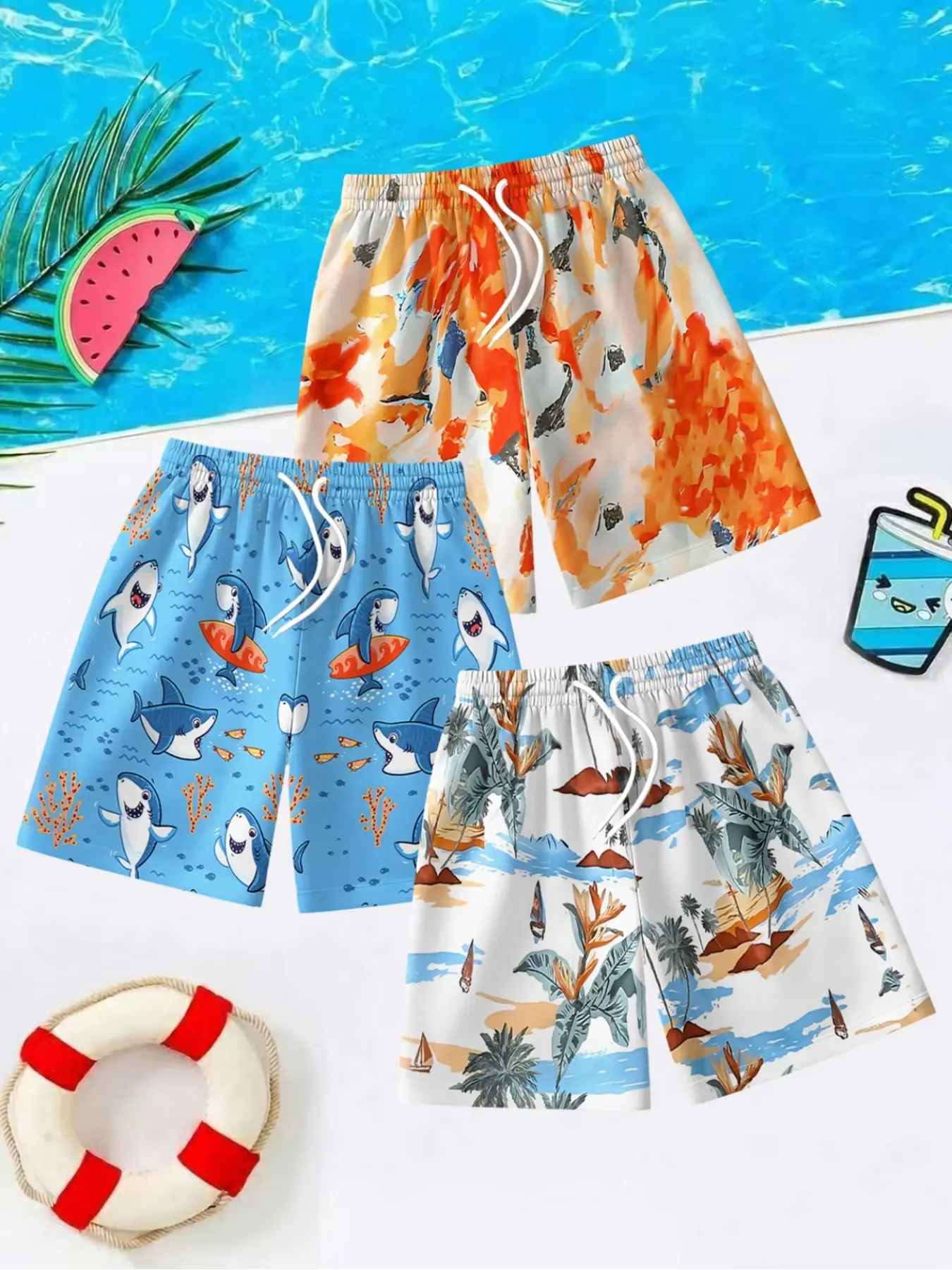 3-Pack Printed Beach Shorts Set, Elastic Waist with Adjustable Drawstring, Casual Outdoor Gym Shorts, Ideal for Summer Activities