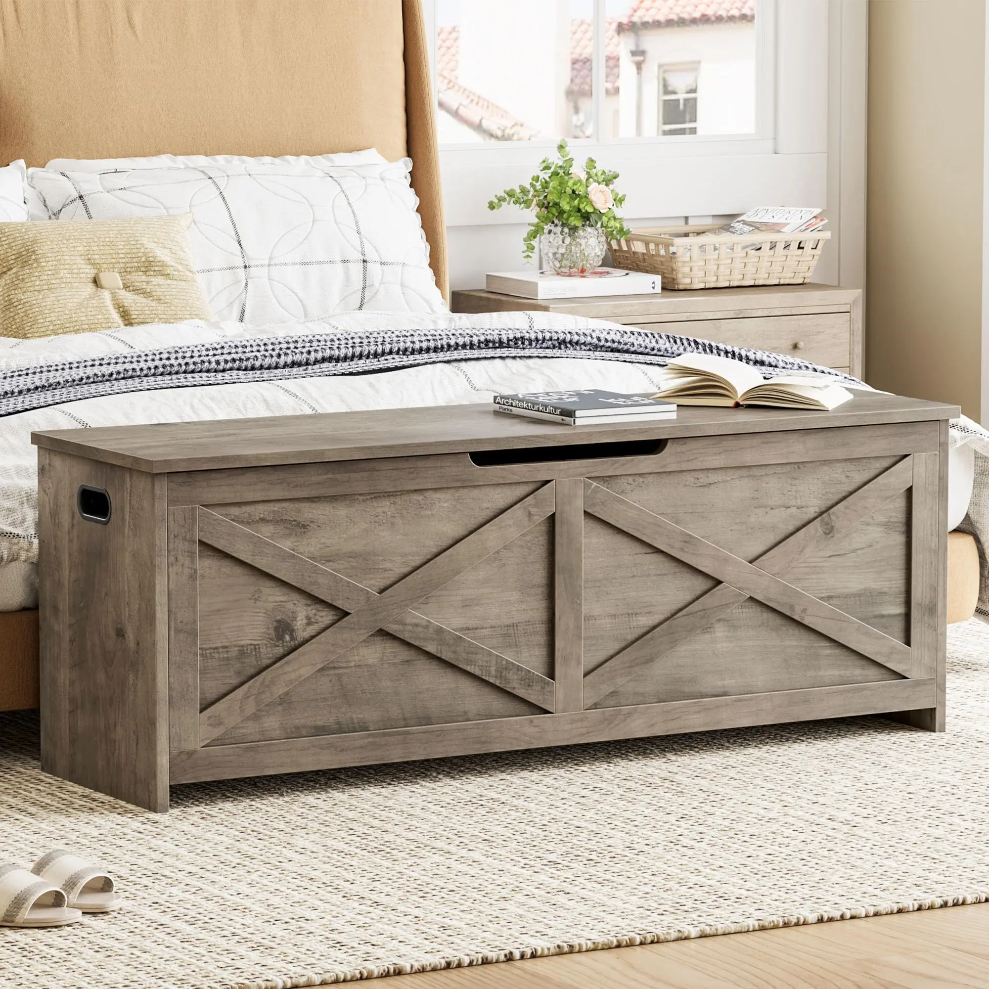 47.3" Storage Chest, Storage Bench with Safety Hinge, Multi-Purpose Wooden Storage Bench with Side Handles, Easy Assembly, Large Shoe Bench for Entryway, Living Room, Bedroom, Grey/Brown