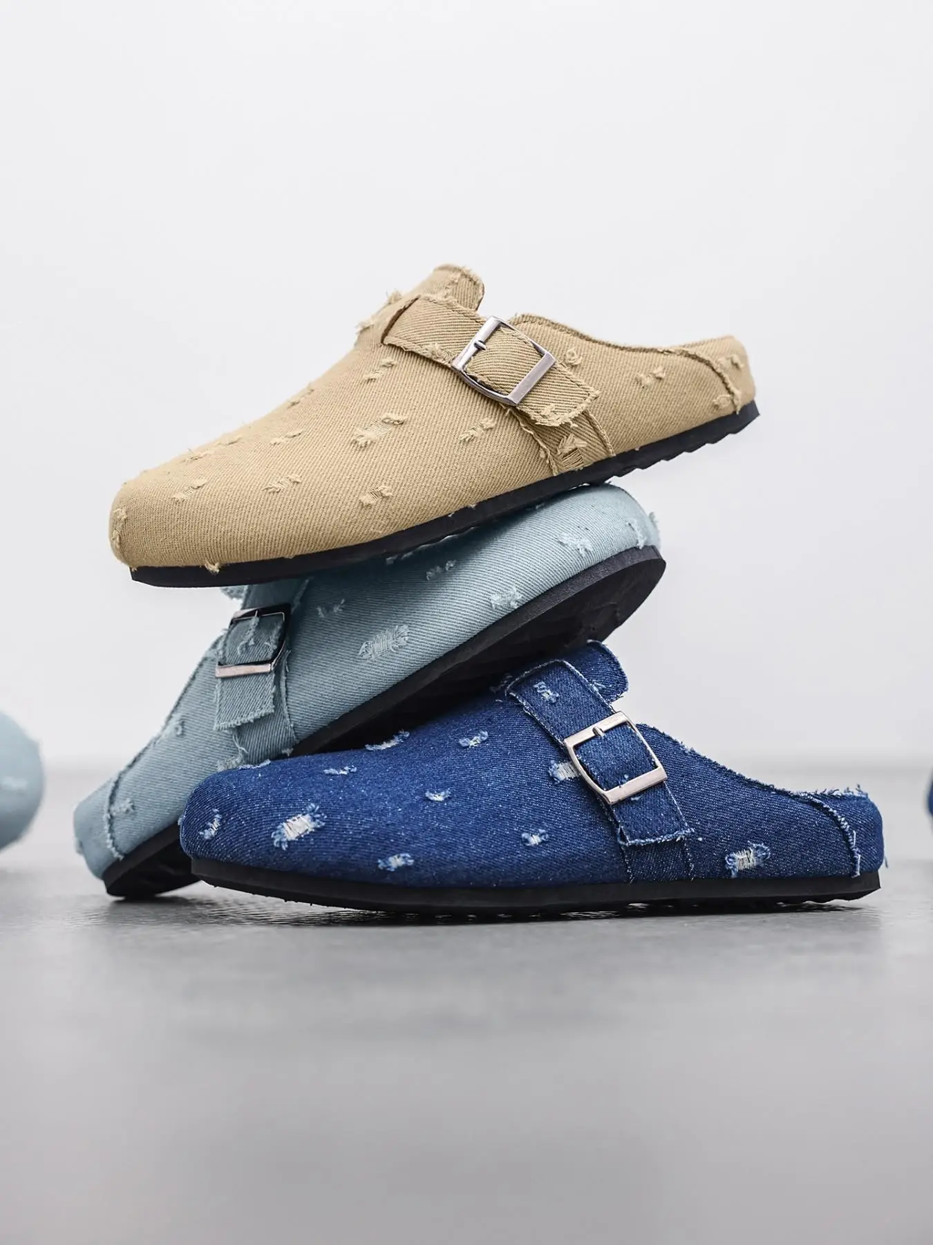 Men's Ripped Washed Denim Slip-On Slippers, Metal Buckle Vintage Flat Shoes, Comfortable Cushioned Insoles, Lightweight Non-Slip, Casual All-Season Footwear
