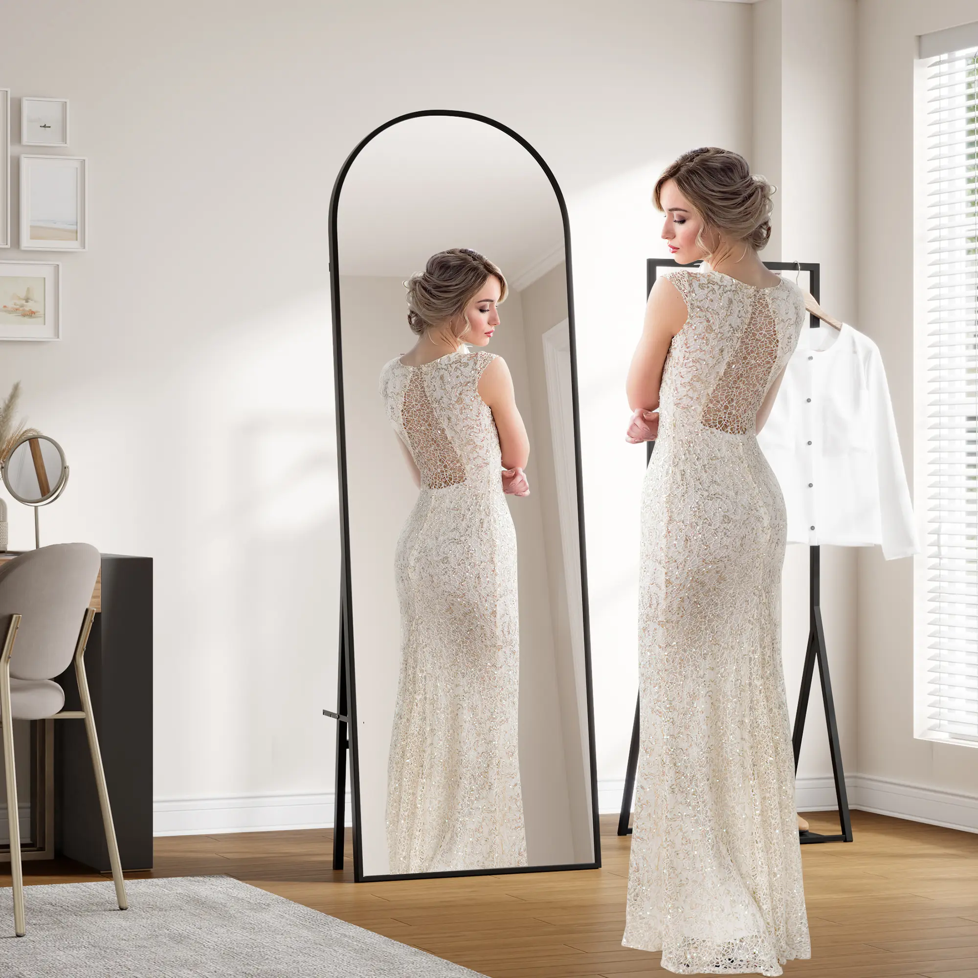 65"×22" Modern Arched LED Full Length Mirror with Stand, 3-Color Dimmable Light Aluminum Frame Floor Mirror Freestanding or Wall Mounted, Decor Full Body Dressing Mirror for Bedroom Entryway Living Room