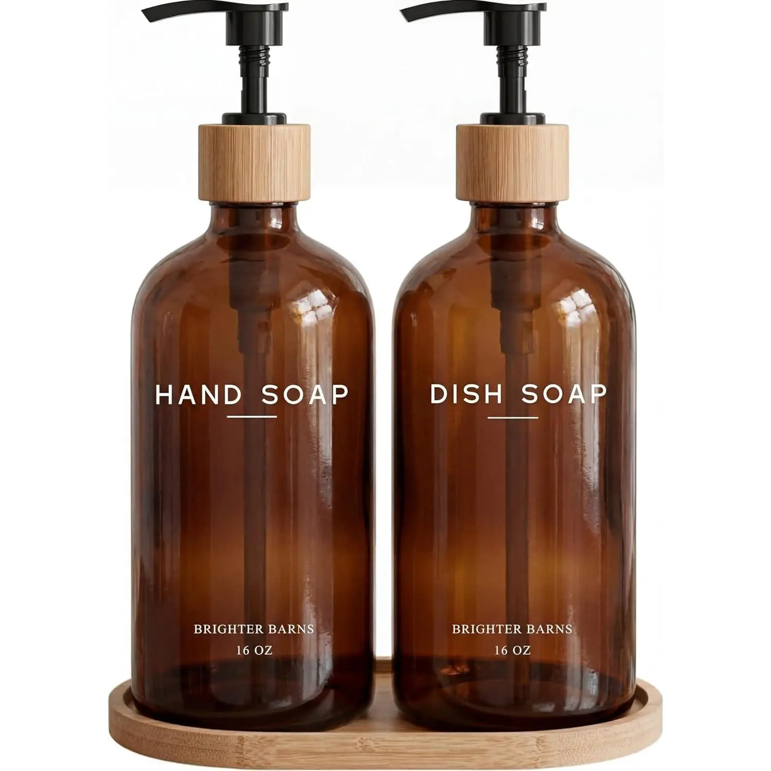 Minimalist Luxury 2-Piece Amber Glass Hand and Dish Soap Dispenser Set with Bamboo Pumps, Tray, Glass Bottles, Modern Neutral Home Decor, Airbnb Fit Kitchen Sink Accessory Great Gift, Two Piece Set