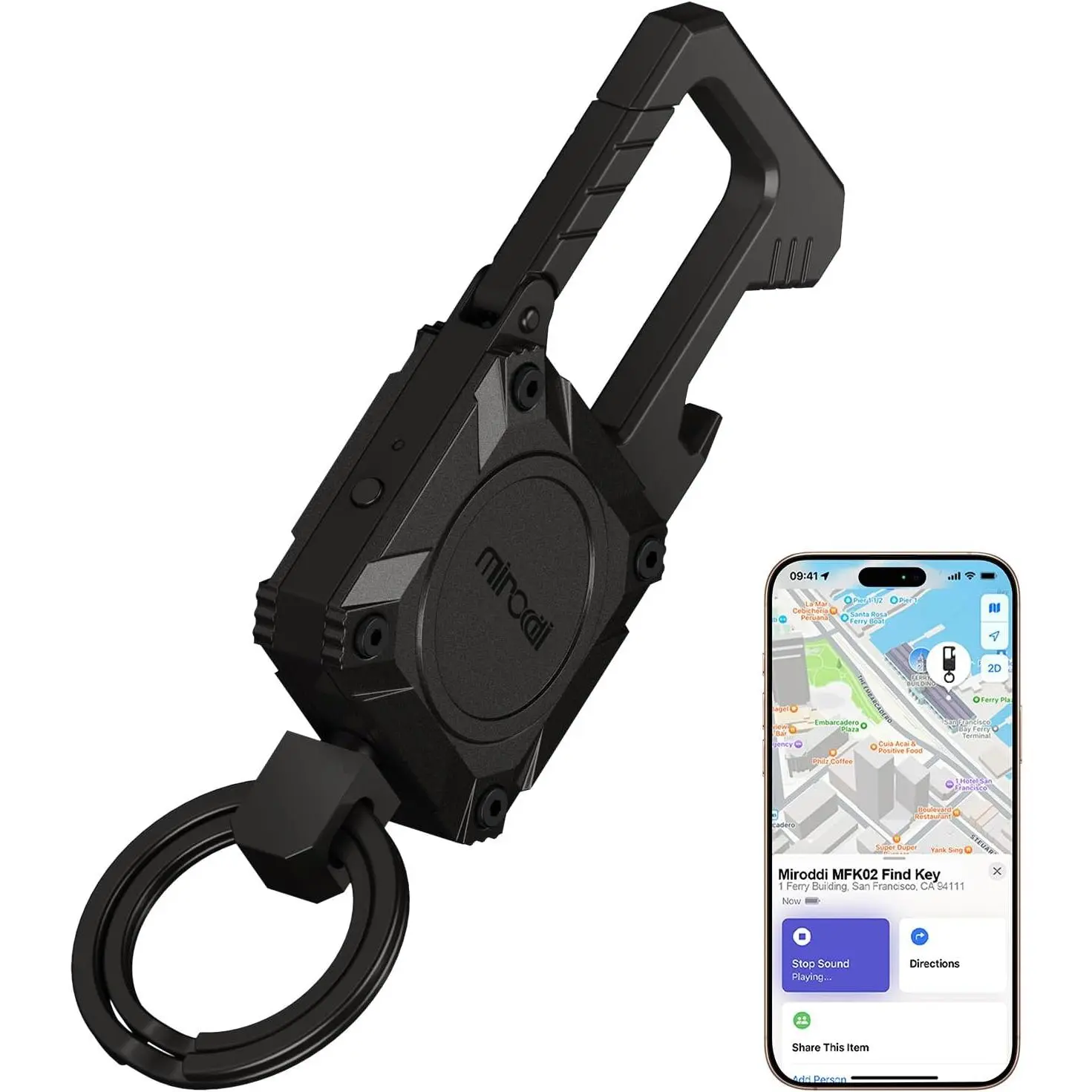 Keychain, Works with Apple Find My, Metal Carabiner Car Key Chains |   Bottle Opener, Super-Loud Alarm, Rechargeable, Anti-Lost Smart Key Finder, Heavy Duty Keychain for Men & Women, Black