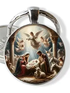 1 PC Fashion DIY Keychain Angel Pattern Round Glass Keychain, Car Decoration, Perfect Gift for Men and Women, Party, Wedding, Birthday, Christmas