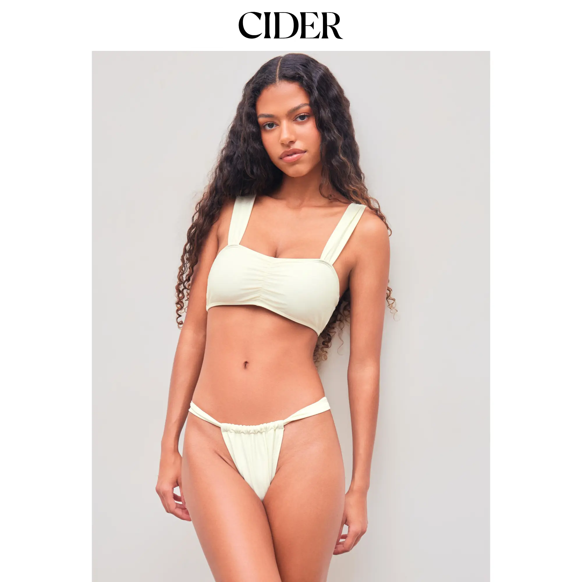 Cider Square Neck Solid Ruched Bracelet Cheeky Bikini Swimsuit