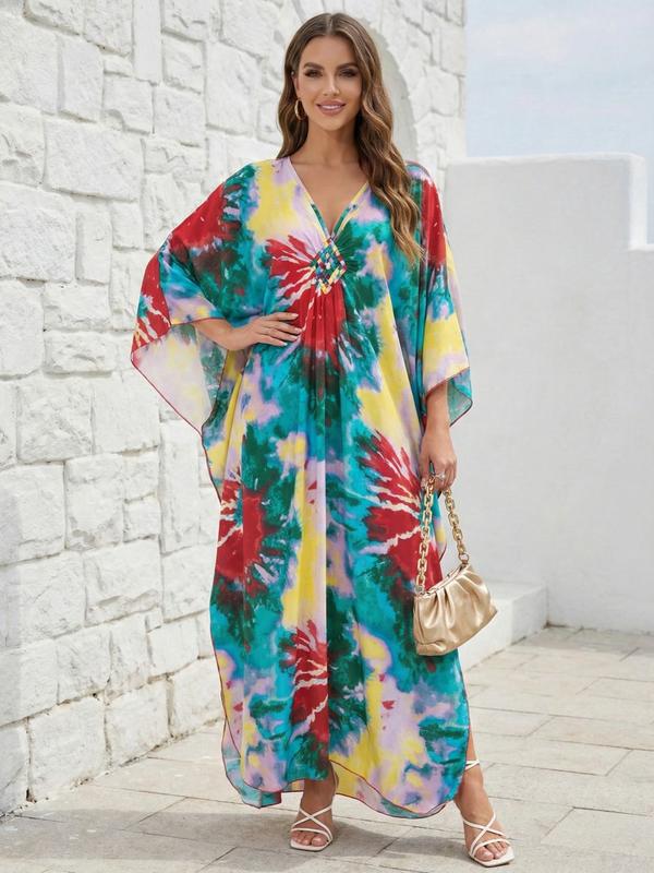 EDOLYNSA leopard print kaftan dresses Women's caftan Boho Caftan relaxed daily wear V-neck beach wear Soft Bohemian muumuu dress vibrant flowy house robe Butterfly sleeve cover up maxi dress Q1755