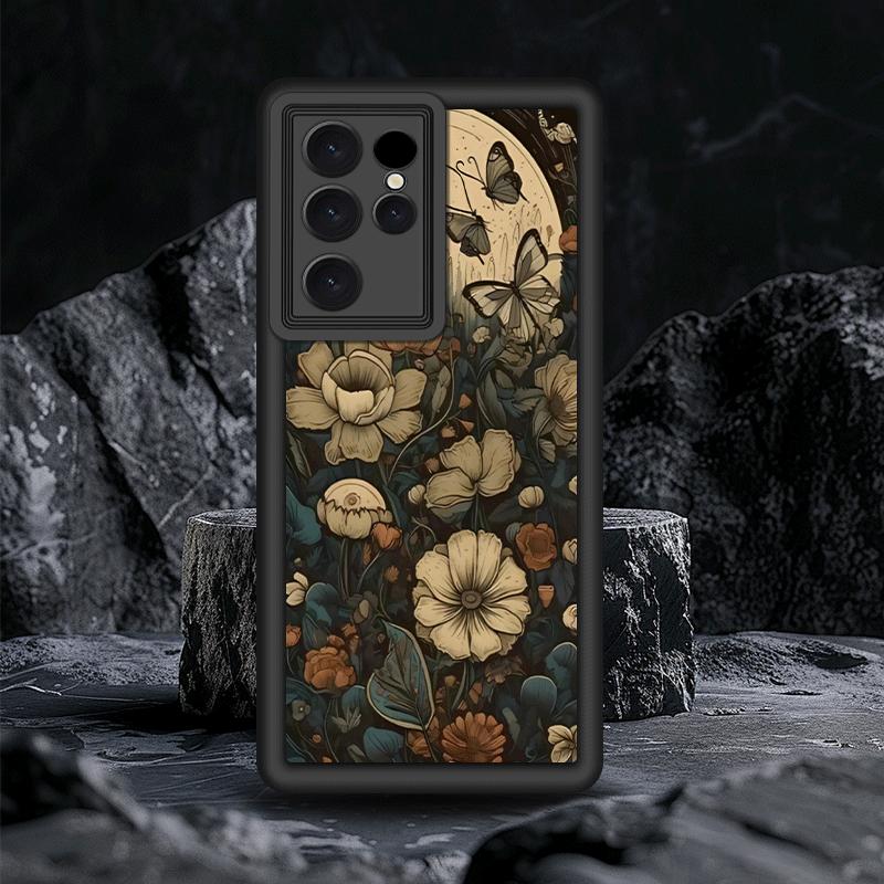 Butterfly WildFlower Black Phone Case for Samsung Galaxy S25 S24 S23 S22 S21 A13 A14 A15 A16 A17 A33 A34 A35 A36 A52 A53 A54 Note20 Fe Plus Ultra  -Full coverage Soft Anti-Drop Protective Cases