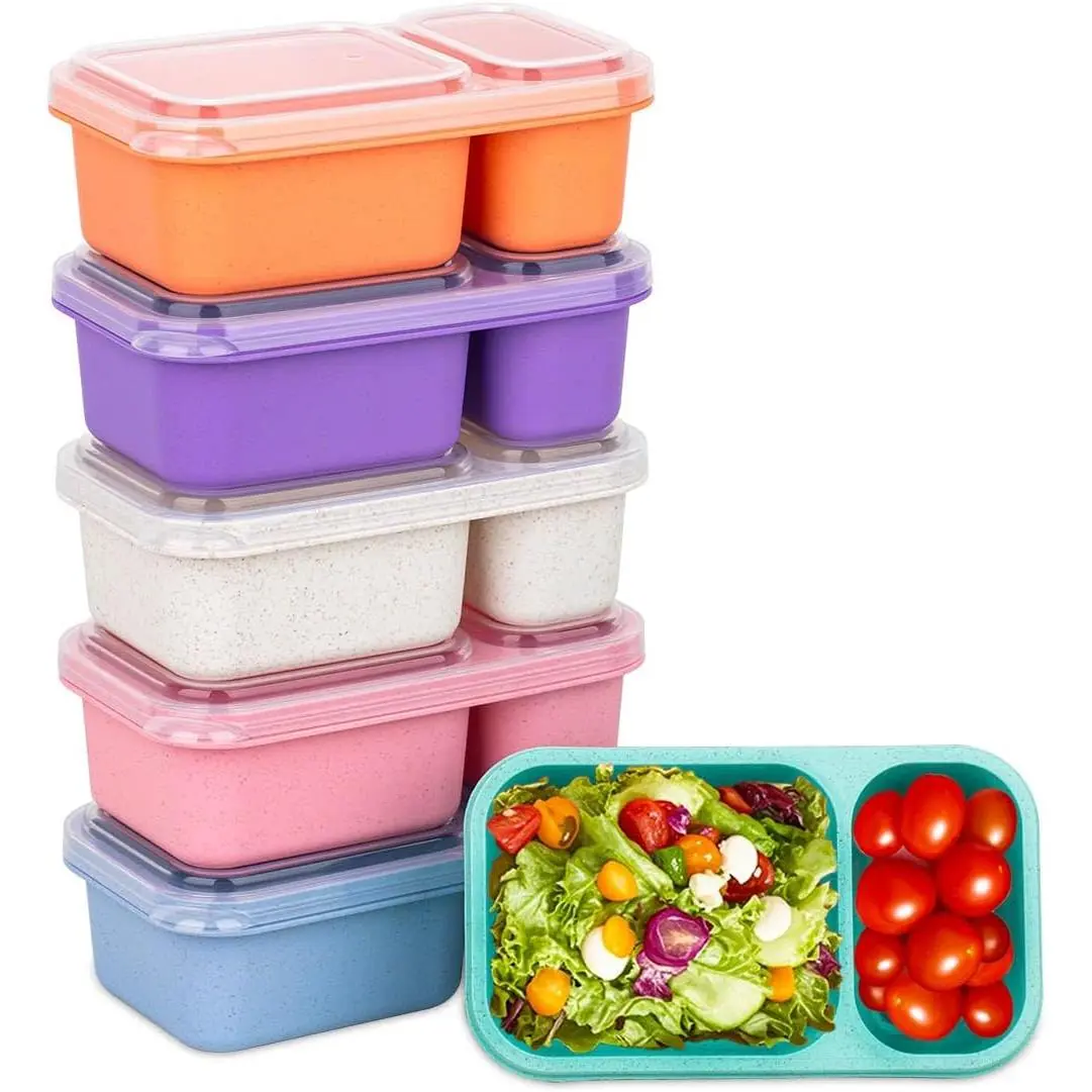 6-Pack 2-Compartment Wheat Straw Snack Containers, Kitchen Utensils for Meal Prep, On-the-Go Storage & Snacking, Plastic