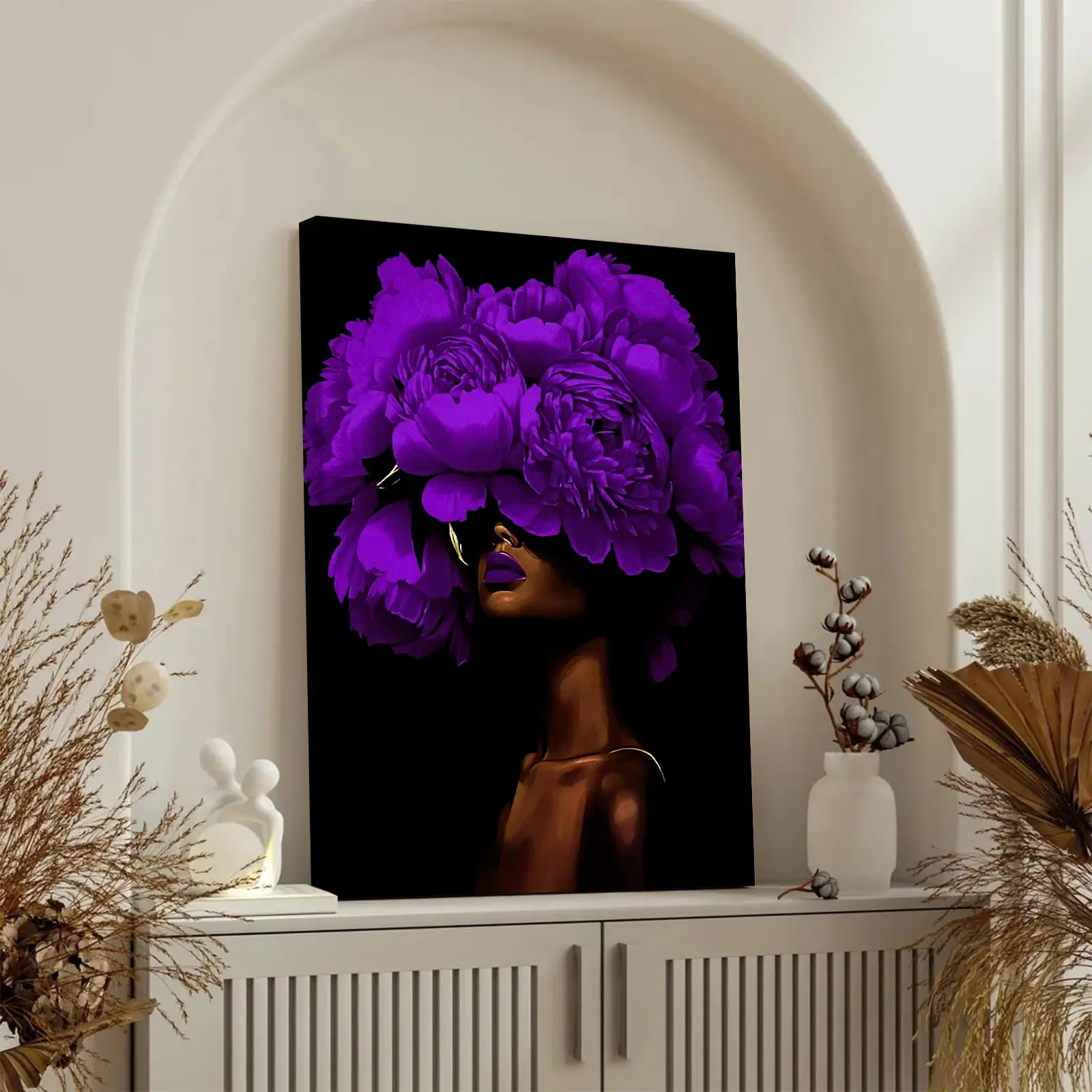 1Pcs Wooden Framed Canvas wall art, Woman With Purple Flower Headdress Painting, Fashion Poster, Pattern Art For Home Decoration, Wall Decor, High Quality Waterproof Painting, HD Artwork.