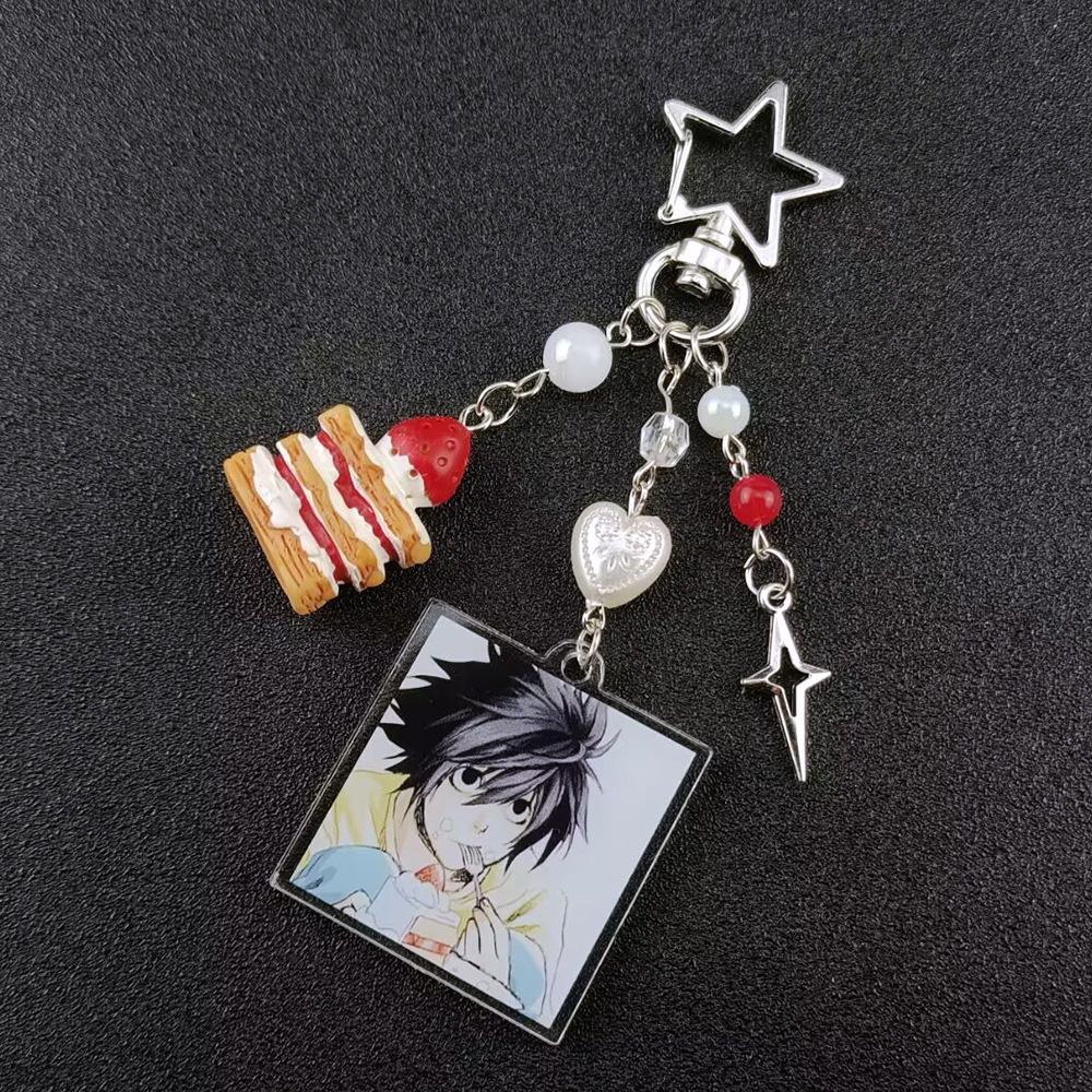 Handmade Anime Death Note L Lawliet Cake Beaded Keychain Bags Charms Aesthetic Handbag Pendant Key Ring Toys Christmas Gifts