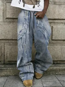 Trendy Faux Fur Edge Distressed Texture Jeans, Men's Streetwear Vintage Blue Straight Leg Casual Pants, Fashionable Long Trousers