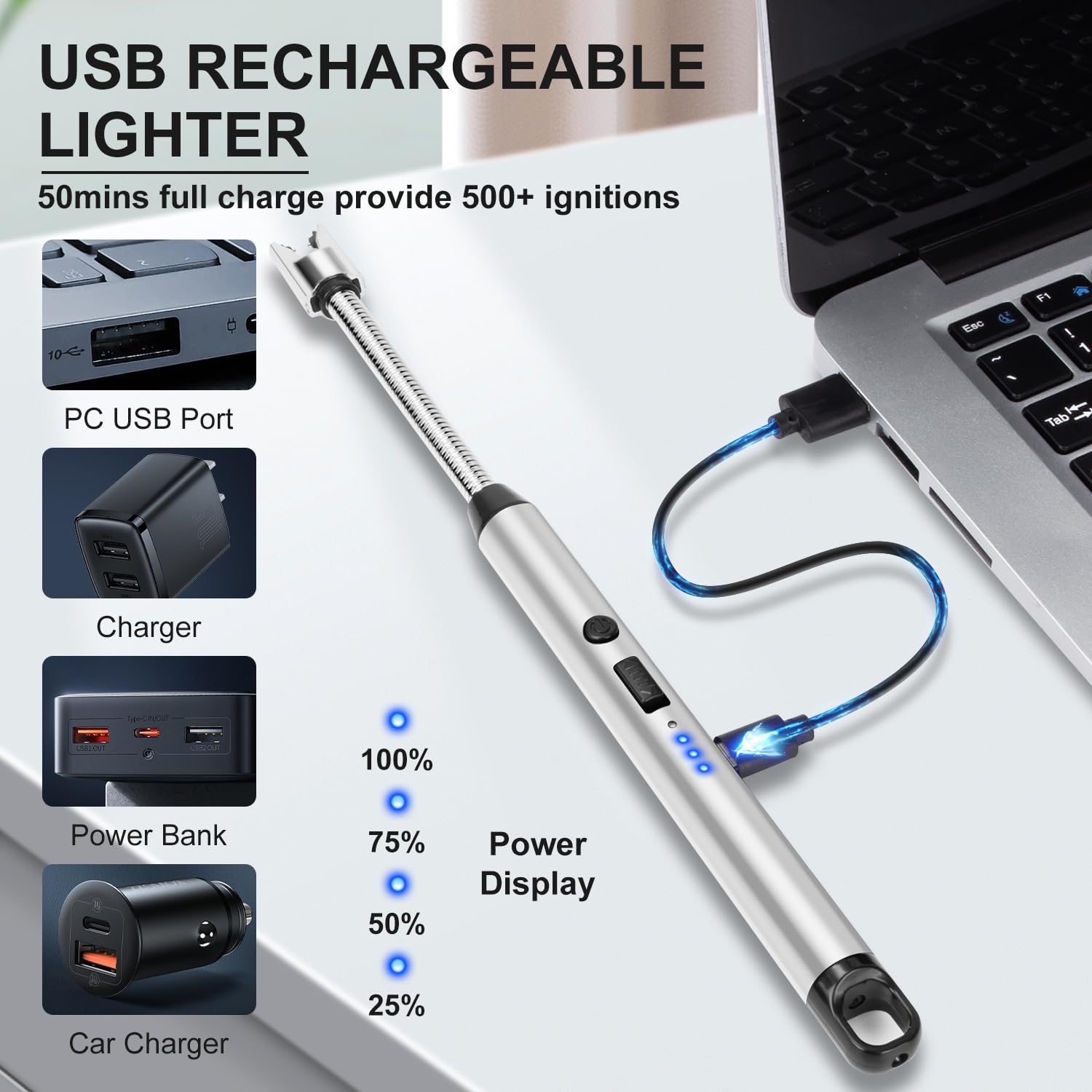 Upgraded 2 Pack Electric Candle Windproof With 360° Flexible Neck & Safety Lock  Usb Rechargeable Arc Long Lighters For Grill Bbq Camping Fireplace Stove