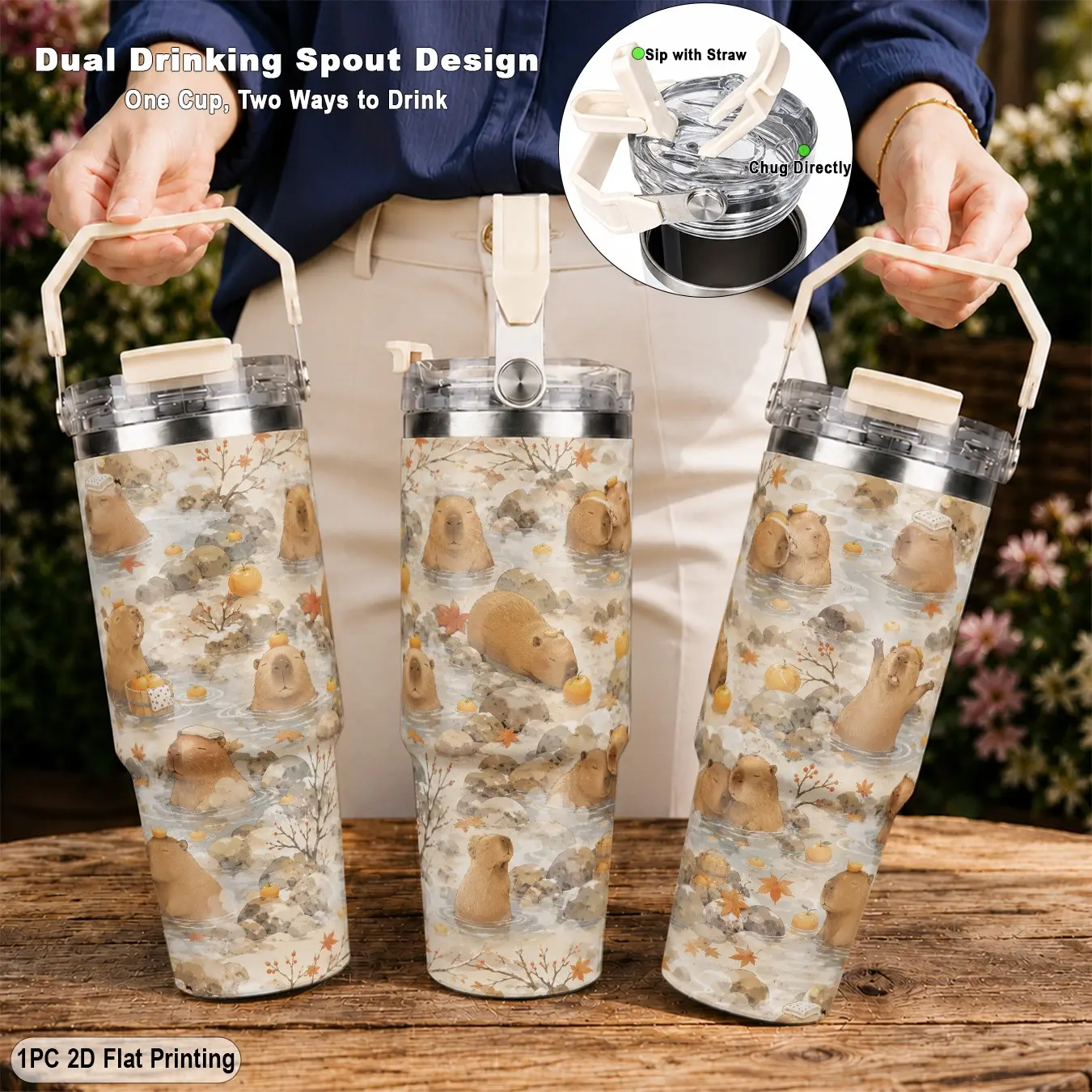 30oz 304 Stainless Steel Hot Cold Insulated Cup, Adorable Capybara Onsen Print, Dual-use Straw Direct Drinking Lid Portable Handle, Spill-proof Large Opening, For Iced Coffee Tea Daily Use Office Road Trip, Great Thanksgiving Gift for Family, Flasks