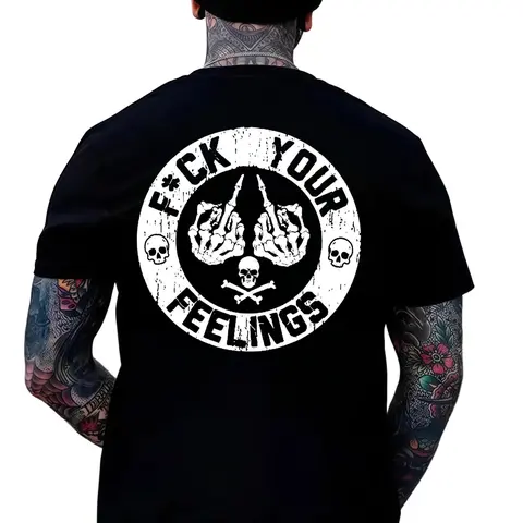 Men's Cotton Short-Sleeve Loose Fit "F*ck Your Feelings" Black Lettering Slogan T-Shirt - Funny Sarcastic Graphic Tee, Edgy Skull & Wings Text Streetwear, Limited Edition, s, Fashion Apparel, Men's Clothing, Everyday Basics, Street Style Drip