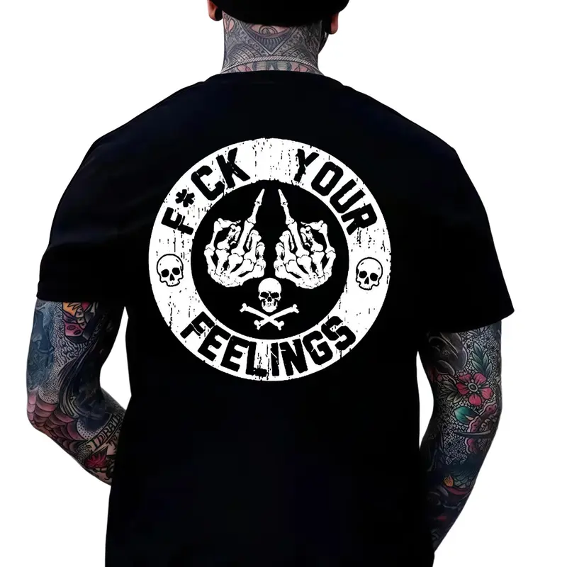 Men's Cotton Short-Sleeve Loose Fit "F*ck Your Feelings" Black Lettering Slogan T-Shirt - Funny Sarcastic Graphic Tee, Edgy Skull & Wings Text Streetwear, Limited Edition, s, Fashion Apparel, Men's Clothing, Everyday Basics, Street Style Drip