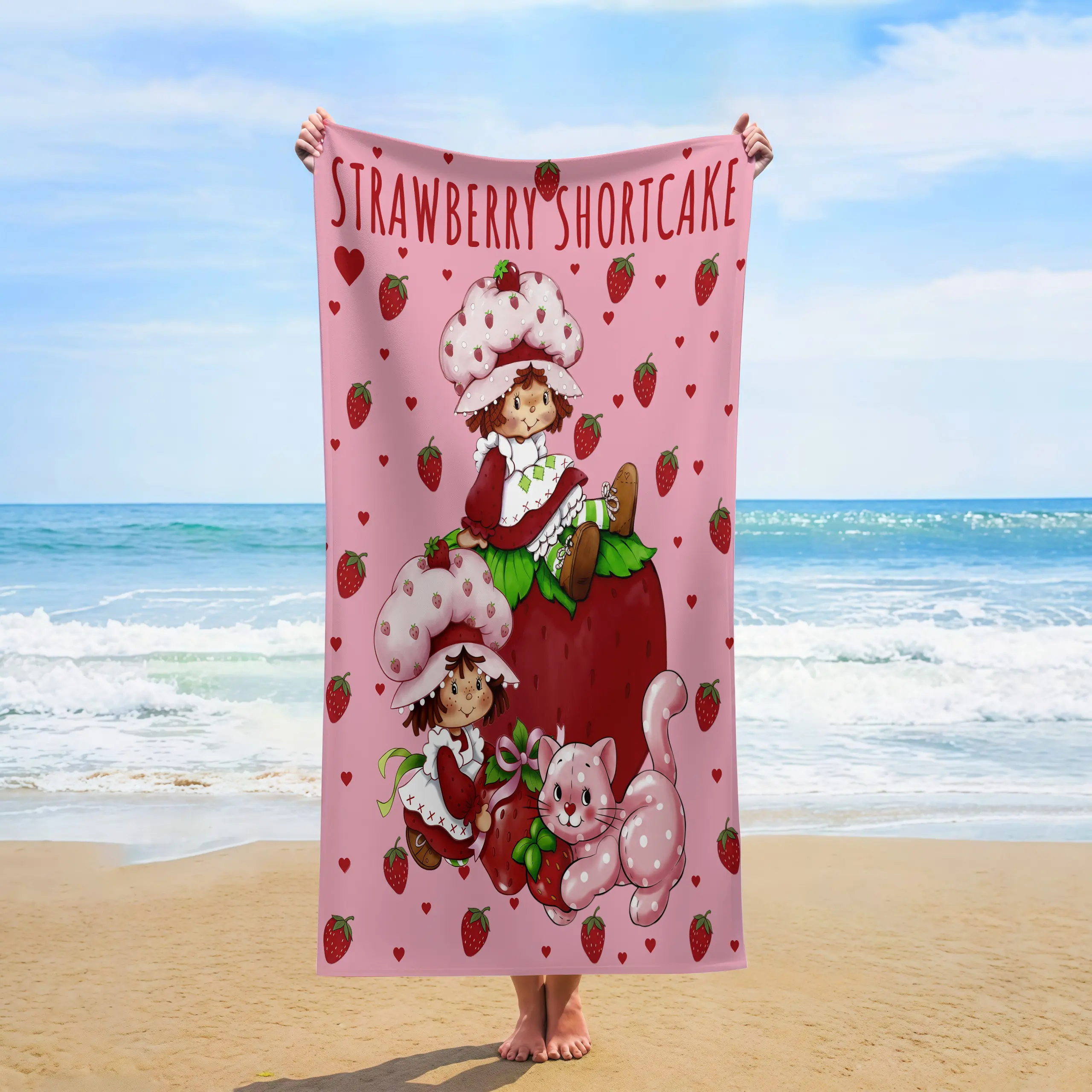Cute Vintage Strawberry Girl Beach Towel, Two Dolls Giant Strawberry Pink Polka Dot Cat & Tiny Hearts All Over Print Quick Dry Large Swimming Towel, Soft Absorbent Pool Lake Towel For Summer Vacation Girls Kids