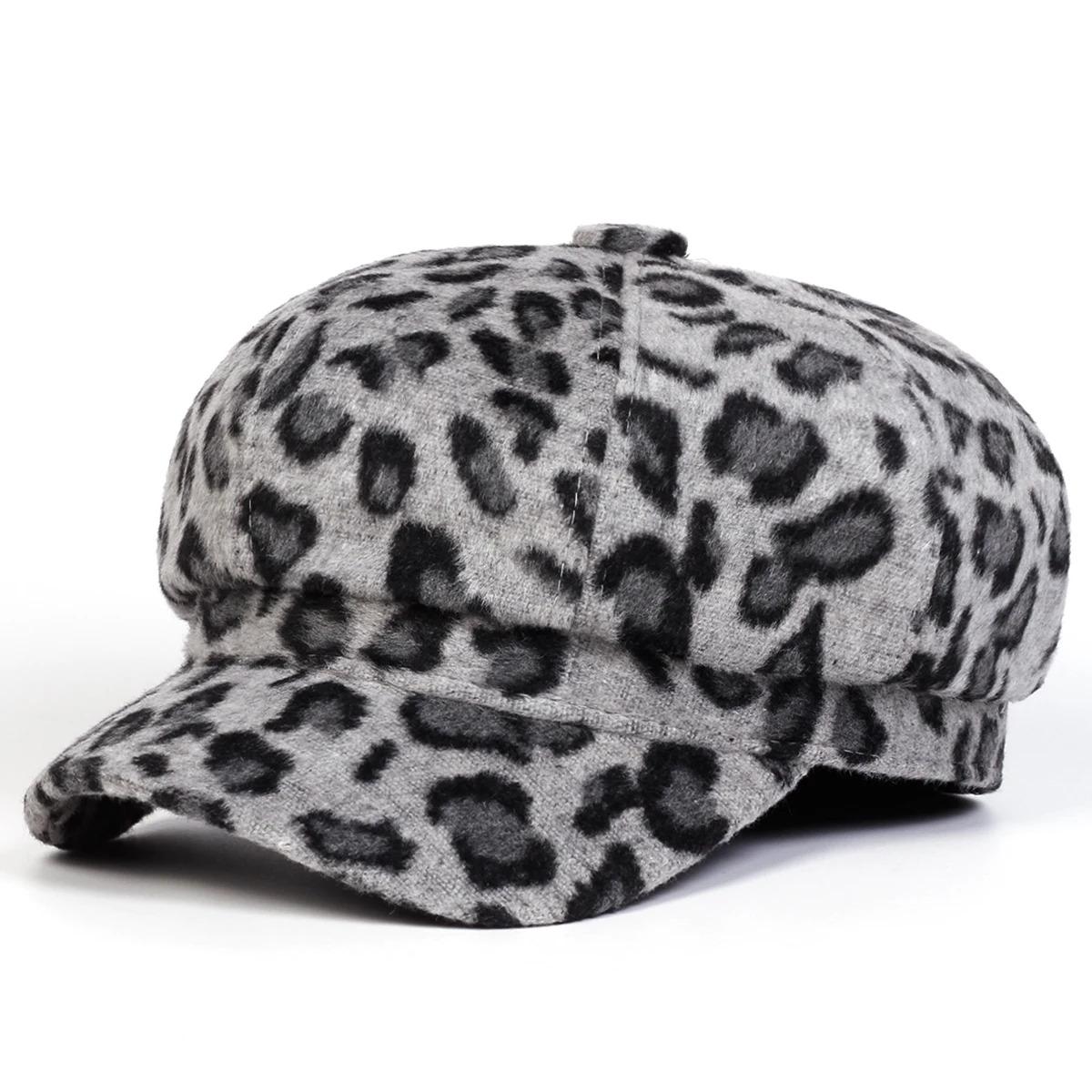 Unisex Plush Leopard Print Personality Newsboy Hat Spring Autumn Retro Beret Hats Wild Casual Hats Octagonal Cap