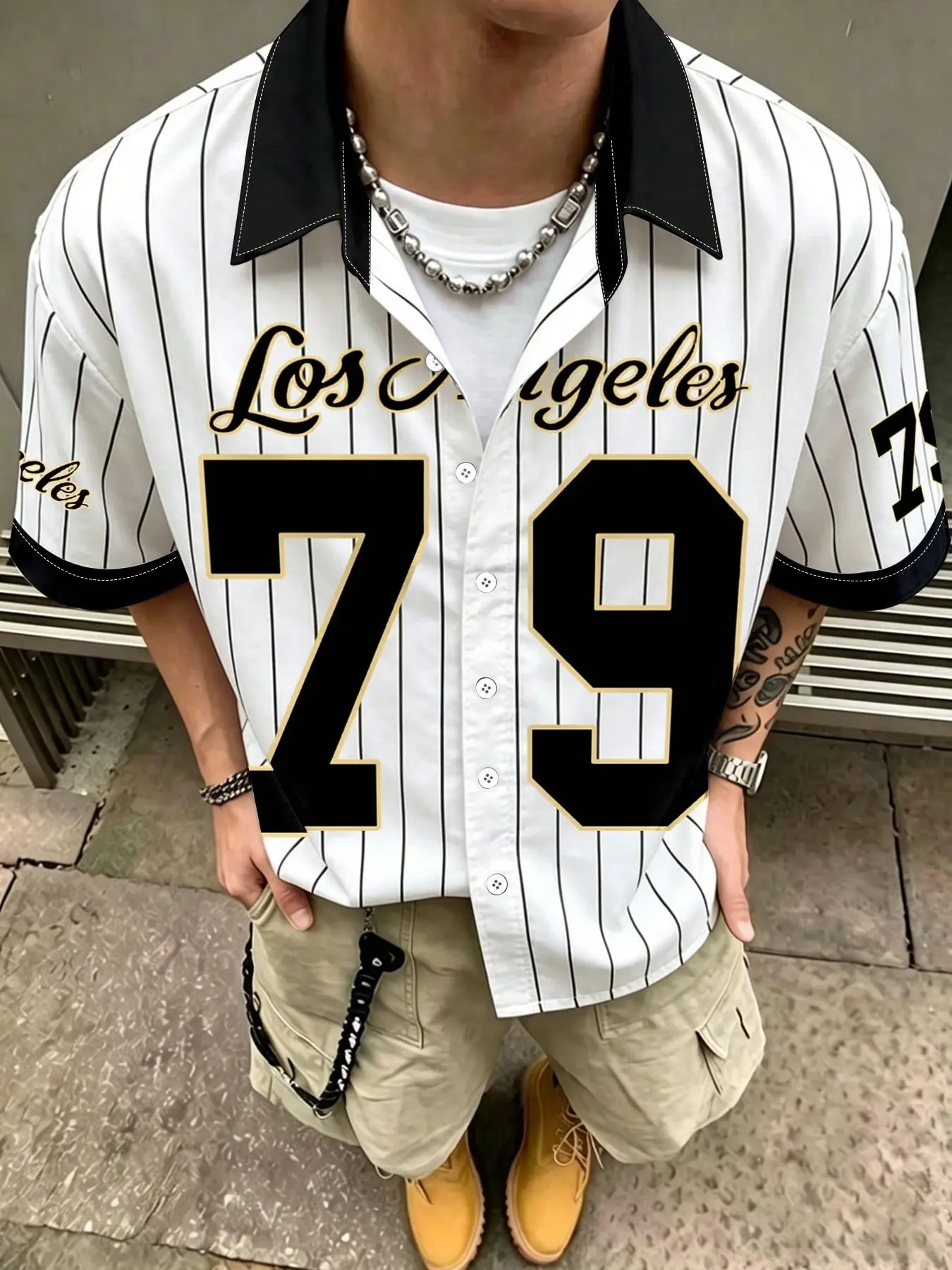 Baseball Jersey Shirt Men Blokecore Pinstripe Los Angeles 79 Button Down Top for Unisex Summer Streetwear Daily Wear Striped Baseball Jersey
