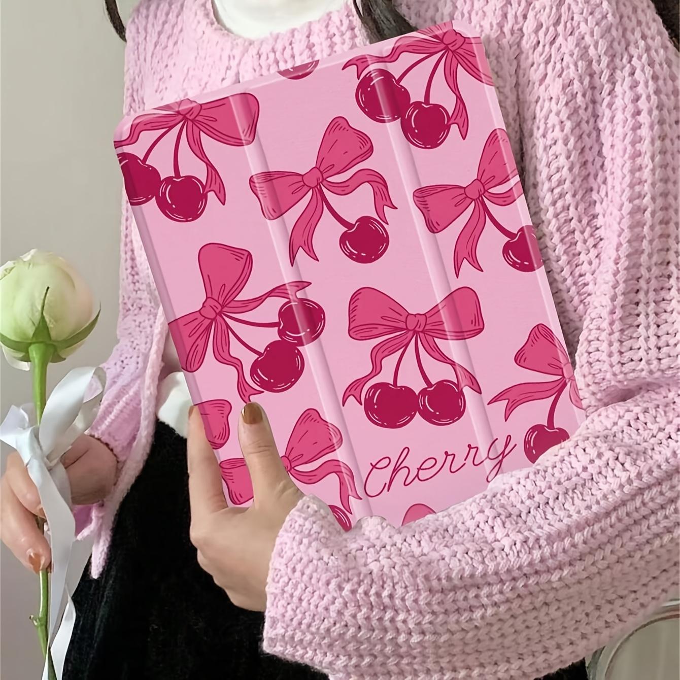 Pink cherry bow pattern, with adjustable bracket and pen slot, foldable non-slip TPU protective case, suitable for iPad mini, iPad Air, iPad Pro/iPad 10th generation, 11th generation and other series iPad protective cases