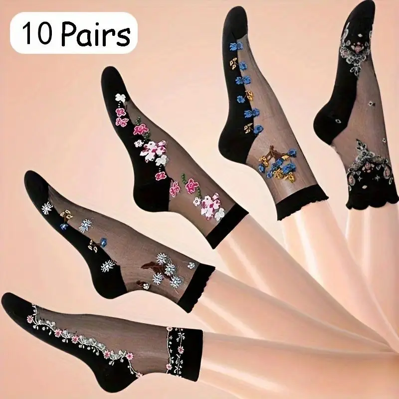 Women's Vibrant Floral Embroidery Glass Socks - 5/10 Pairs Soft, Breathable Mid-Tube Female Adult Socks - Casual, Office Wear Accessories