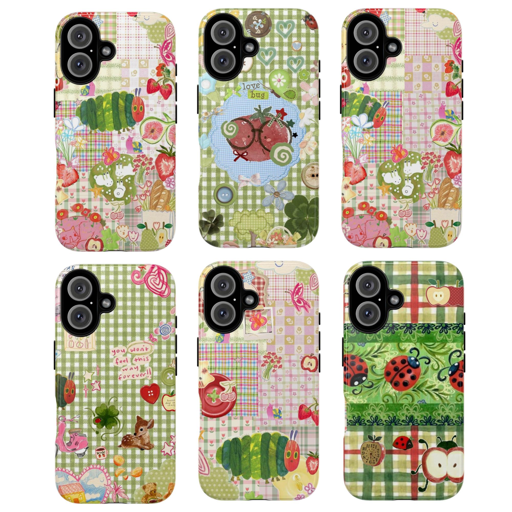 Cute Green Gingham Tough Phone 17 Pro Max Plus Air/16/15/14/13/12/11Case – Patchwork Caterpillar Ladybug Strawberry Aesthetic Protective Cover for Phone