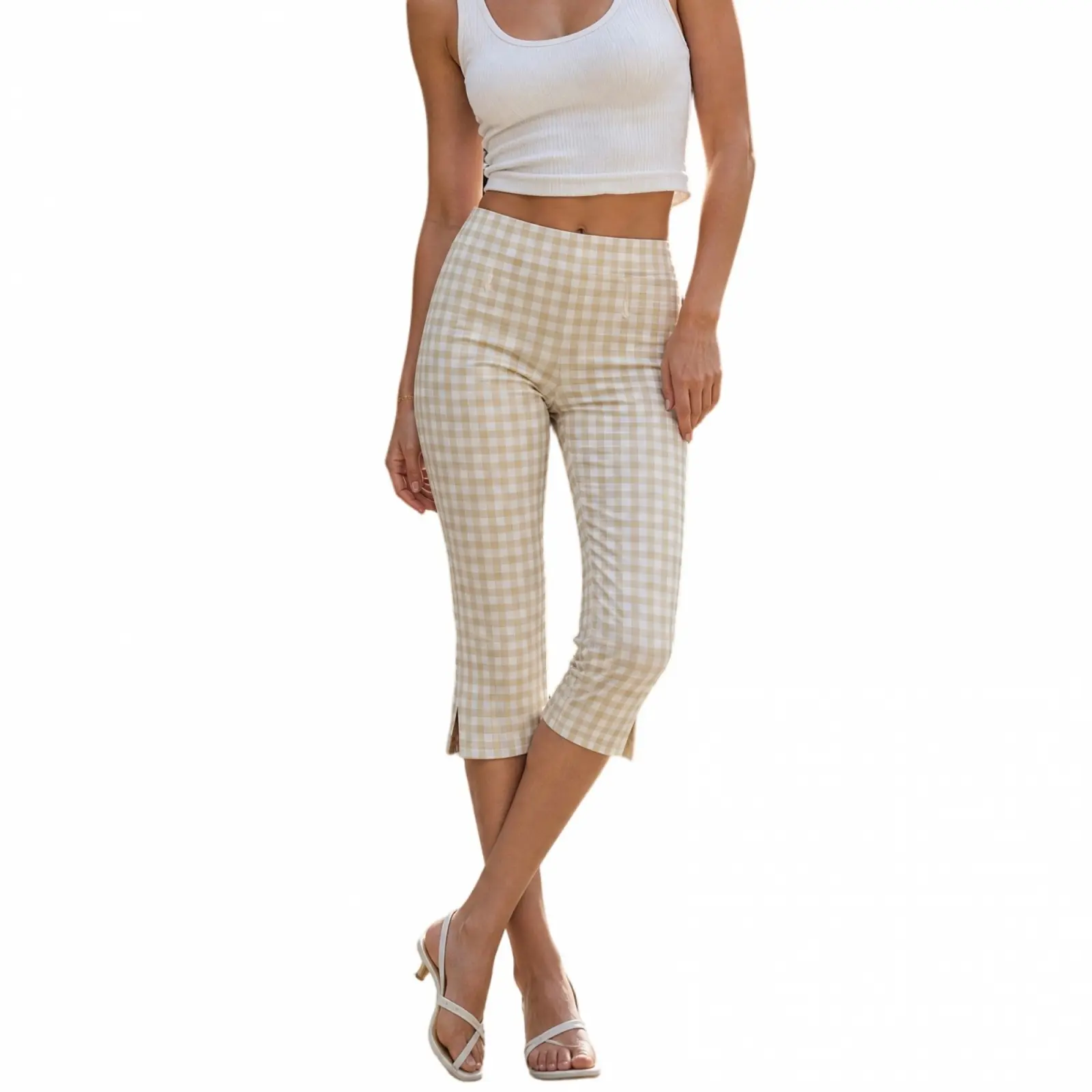 Women Capri Pants, Elegant 3/4 Length Plaid Cropped Pants Streetwear