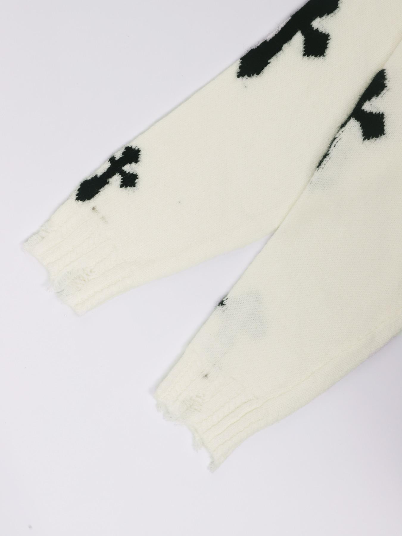 Women's Cross Print Ripped Drop Shoulder Crop Sweater, Street Fashion Chic Style Long Sleeve V Neck Jumper for Daily Outdoor Wear, Ladies Stretchy Knitwear for Spring & Fall Clothes, Casual Sweater for Women, Trending Clothing Women