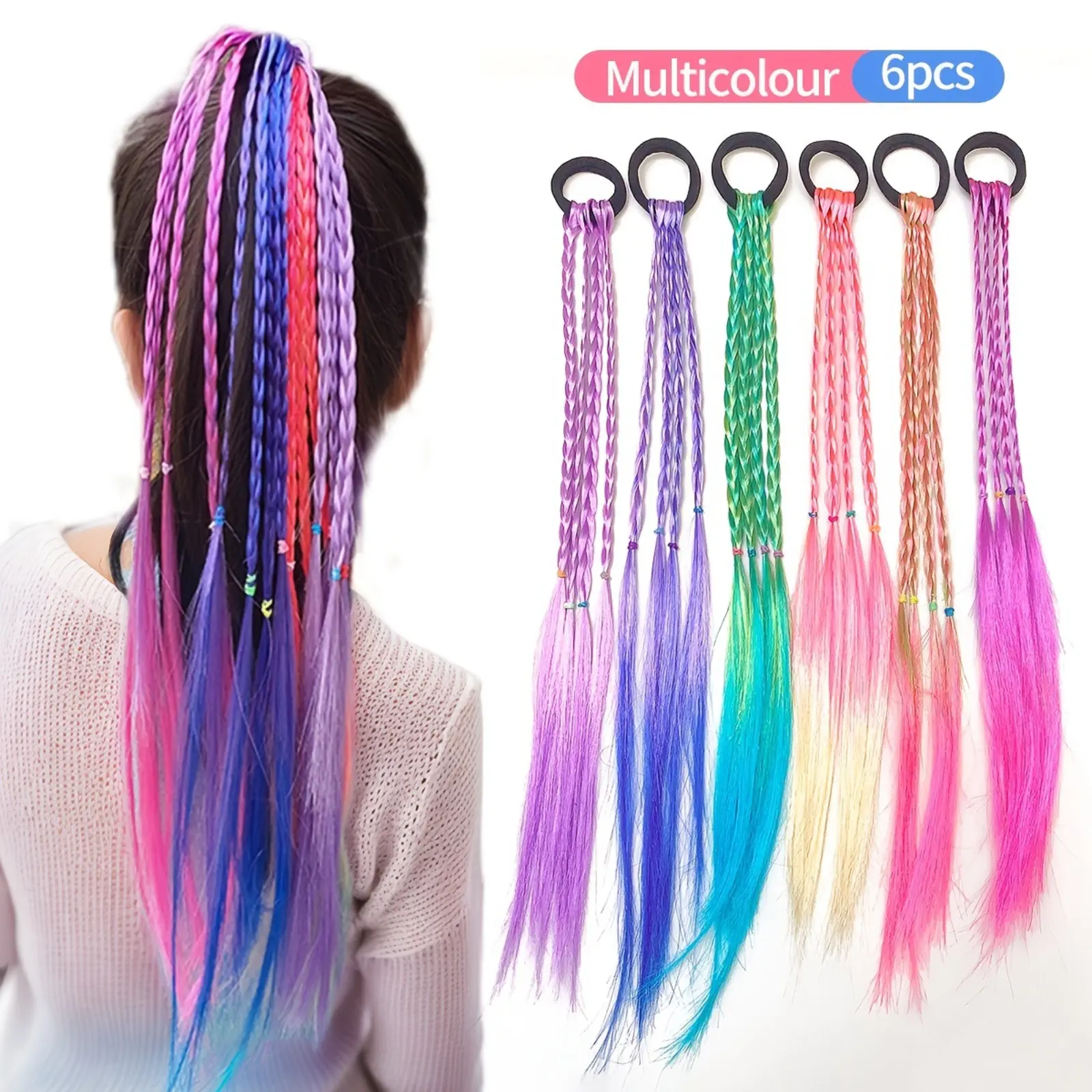 6Pcs Iridescent Gradient Braided Hair Extensions, twist braid hair ties with loop design. Cute hair accessories for kids & adults, great for festivals, travel and daily dress up.