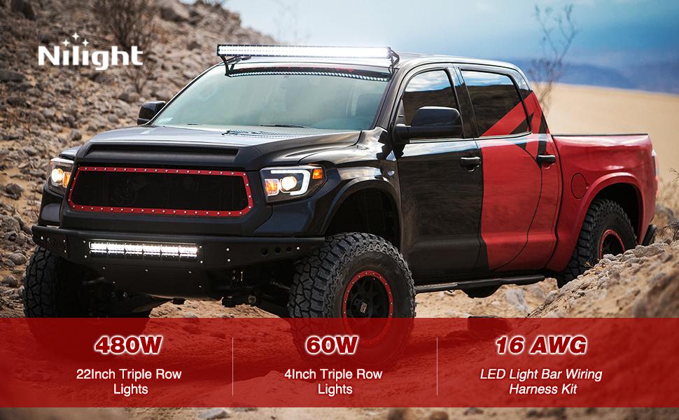 Nilight 22 Inch 480W Triple Row Spot Flood LED Light Bar | 2Pcs 4 Inch 60W LED Pods | 12FT Wire 3Pin Switch 3 Leads