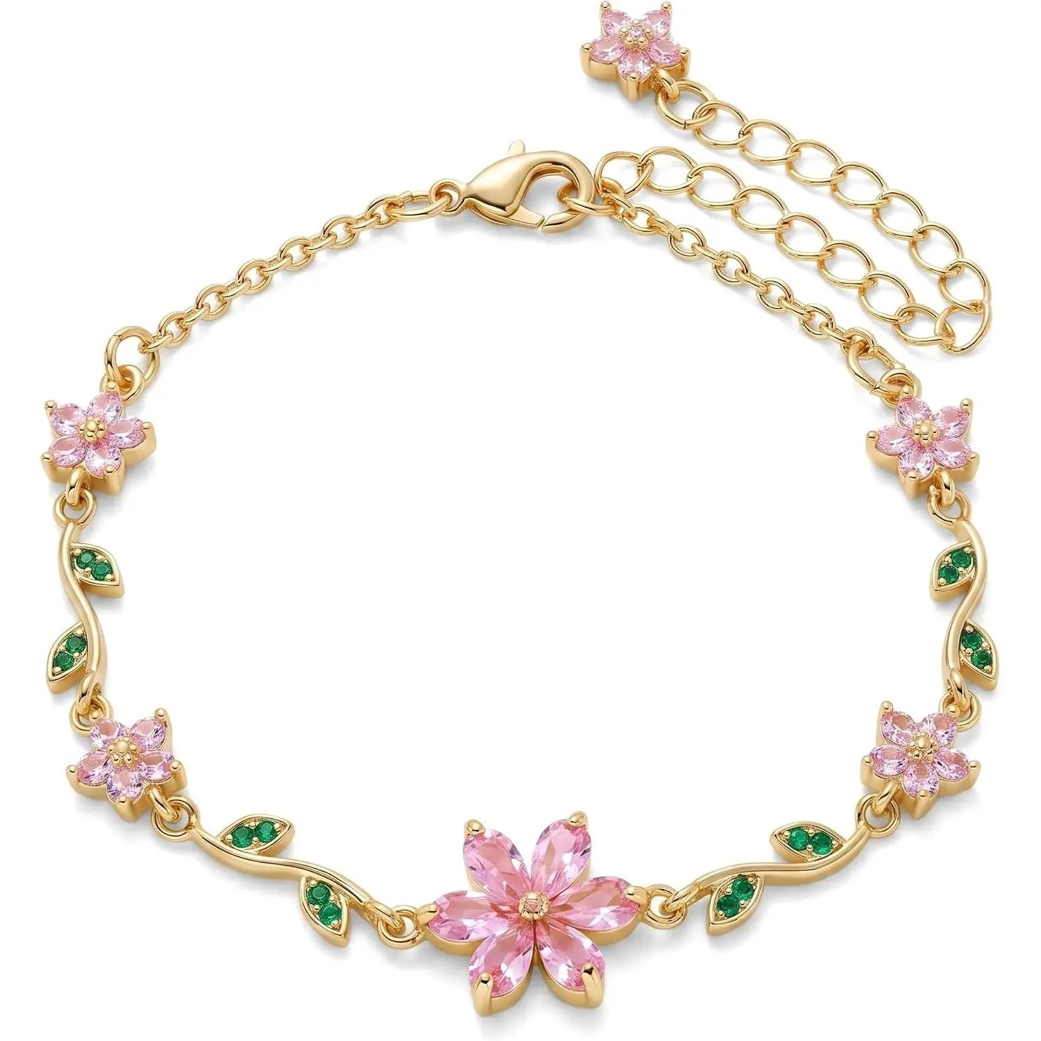 Women's Adjustable Link Flower Bracelet - Green Leaf Accent Cubic Zirconia Copper Chain Bracelet for Casual Wear, 8 in