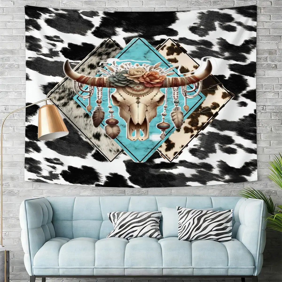 Black White Cowhide Print Bull Skull Boho Tapestry, High‑Definition Fade‑Proof Print Wall Art, Easy‑to‑Hang Fabric Backdrop, Perfect for Bedroom Headboard, Streamer Background, Western Wall Decor, Birthday Party