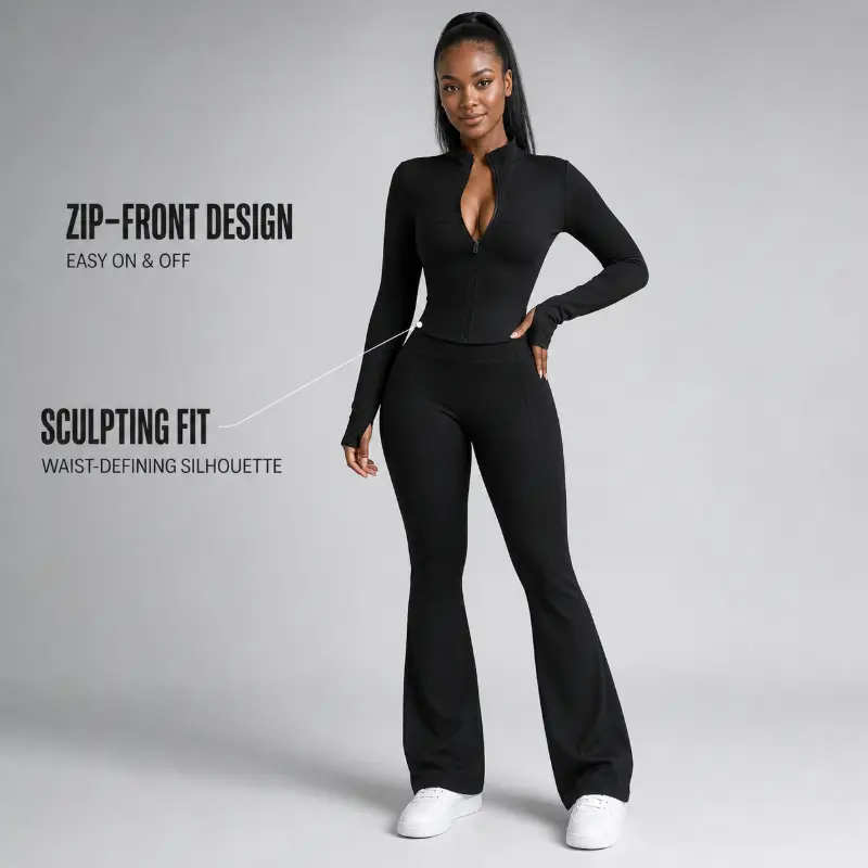 Women's 2 Piece Workout Set, Long Sleeve Zip Up Slim Fit Yoga Jacket and High Waisted Butt Lifting Flare Leggings, Stretch Athletic Gym Outfit, Running Fitness Activewear Set, Matching Yoga Clothes, Bootcut Pants Sportswear for Women, Casual Gym Wear