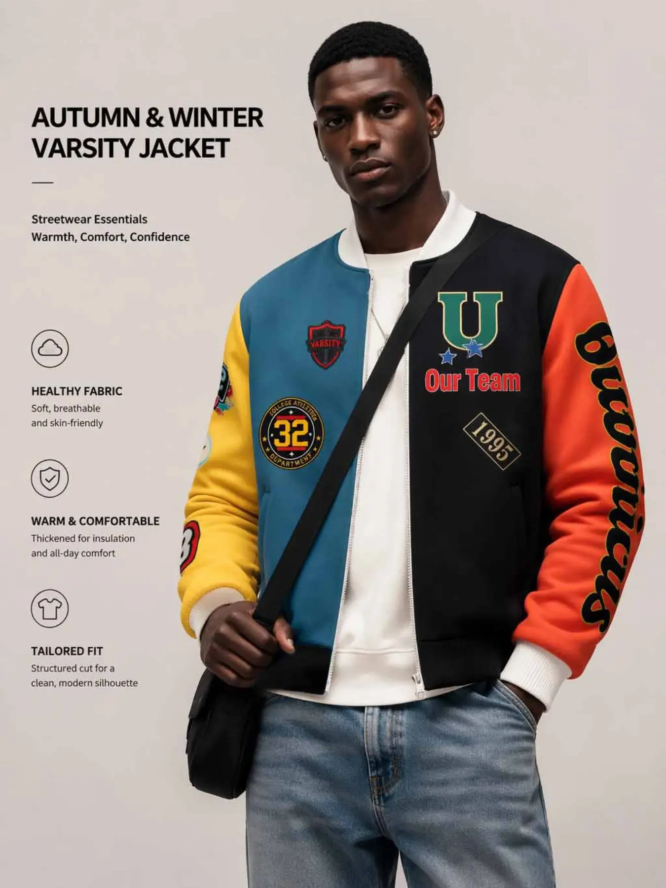 Men's Zipper Patchwork University Jacket, Multi-Emblem Letter Patch Baseball Coat, Hip-Hop Street Style, Outdoor Travel, Party, Campus Wear