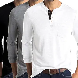 3-Pack Men's Casual Henley Shirts, Plain Longsleeve Tops with Button Neck in Black, Light Grey, and White, Black+Light Grey+White, Longsleeves