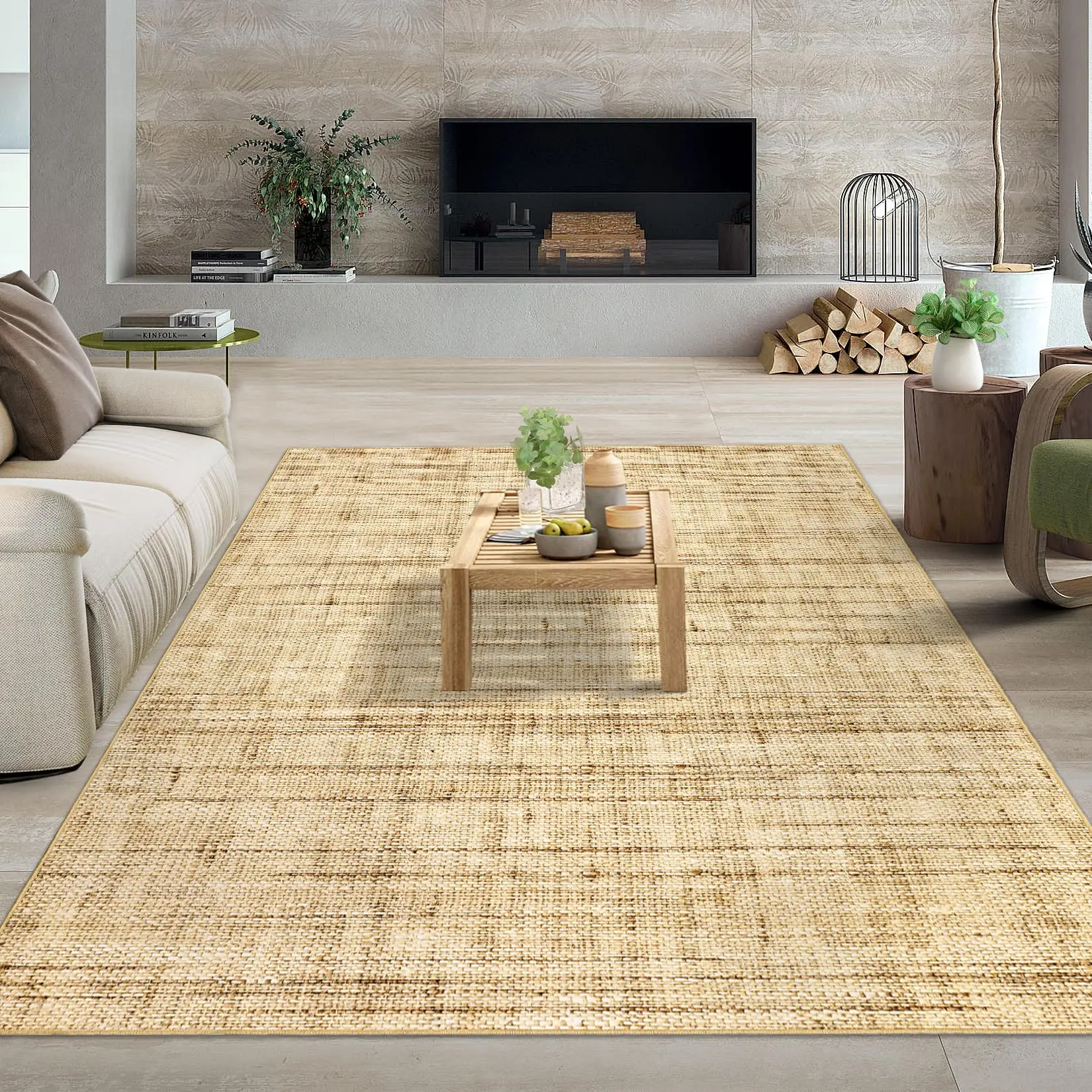 Garvee Washable Rugs 9x12 Area Rug for Living Room Modern Rug Farmhouse Braided Print Non Slip Large Area Rug Low Pile Thin Throw Rugs Stain Resistant Carpet for Bedroom Dining Room Natural 9'x12'
