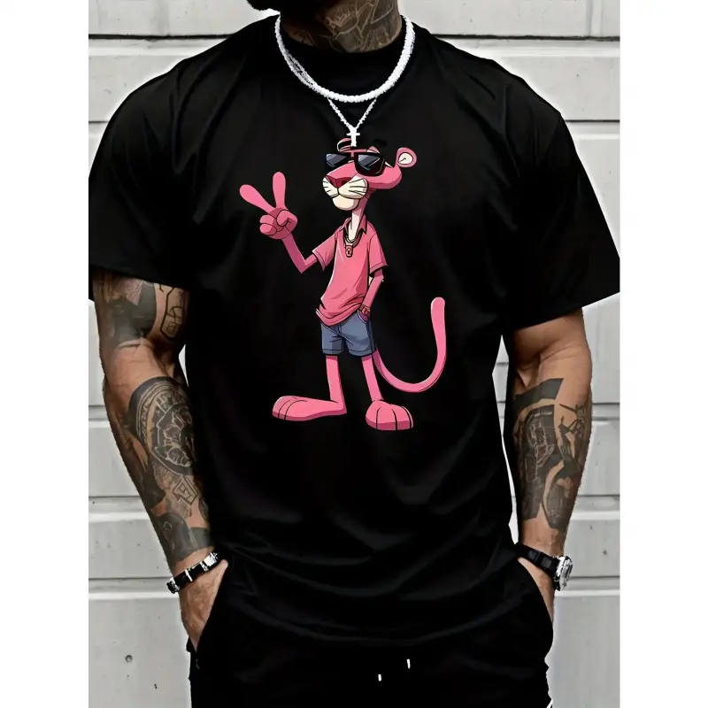 [Playful Pink Panther Tee] Print Casual Short Sleeve Sports T-Shirt - Olive Green Round Neck, Lightweight Breathable Fabric, Machine Washable, Stylish Cartoon Design, Relaxed Fit, Summer Wear