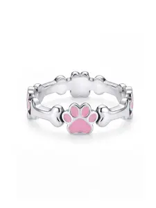 Dog Paw & Bone Enamel Ring for Her, Silver Plated, Pink Enamel Pet Design Jewelry