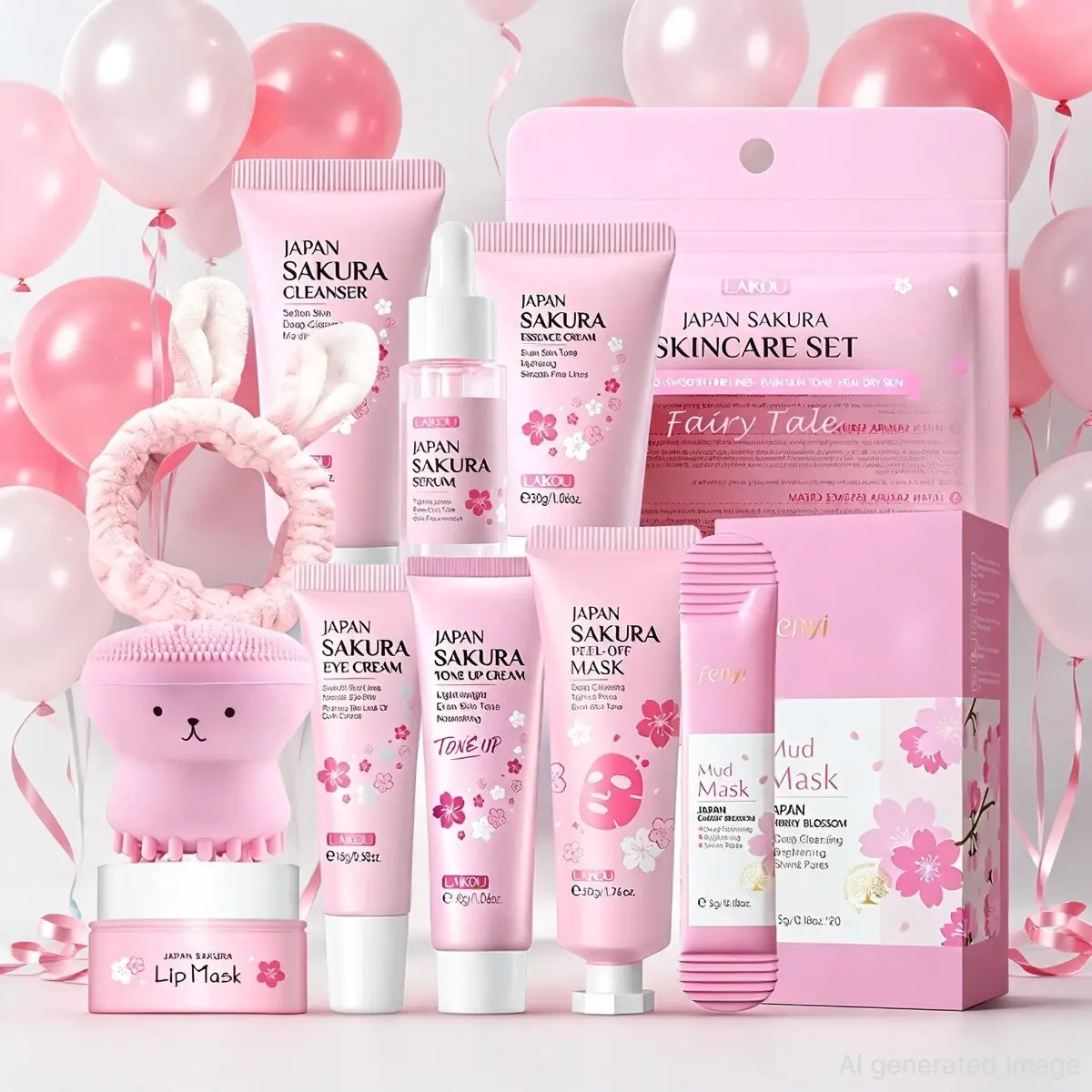 LAIKOU Japan Sakura Complete Skincare Gift Set, Cleanser, Serum, Eye Cream, Tone‑Up Cream, Peel‑Off Mask, Lip Mask, Mud Mask & Silicone Facial Brush, Full‑Set Nourishing Facial Care Kit