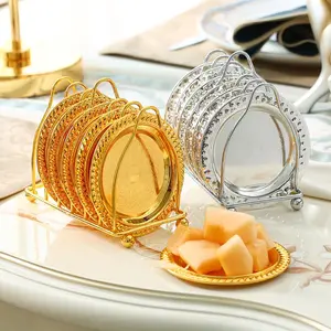 6-piece European-style household small plates fashionable and luxurious metal dinner plates round snack plates for dining table creative waste plates with rack
