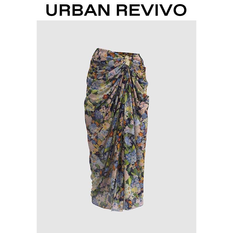 URBAN REVIVO Blue-Green Print Skirt, O-Shape Skirt Casual Outfit, Girl Elegant Fashion, Boho Bohemian Womenswear Piece