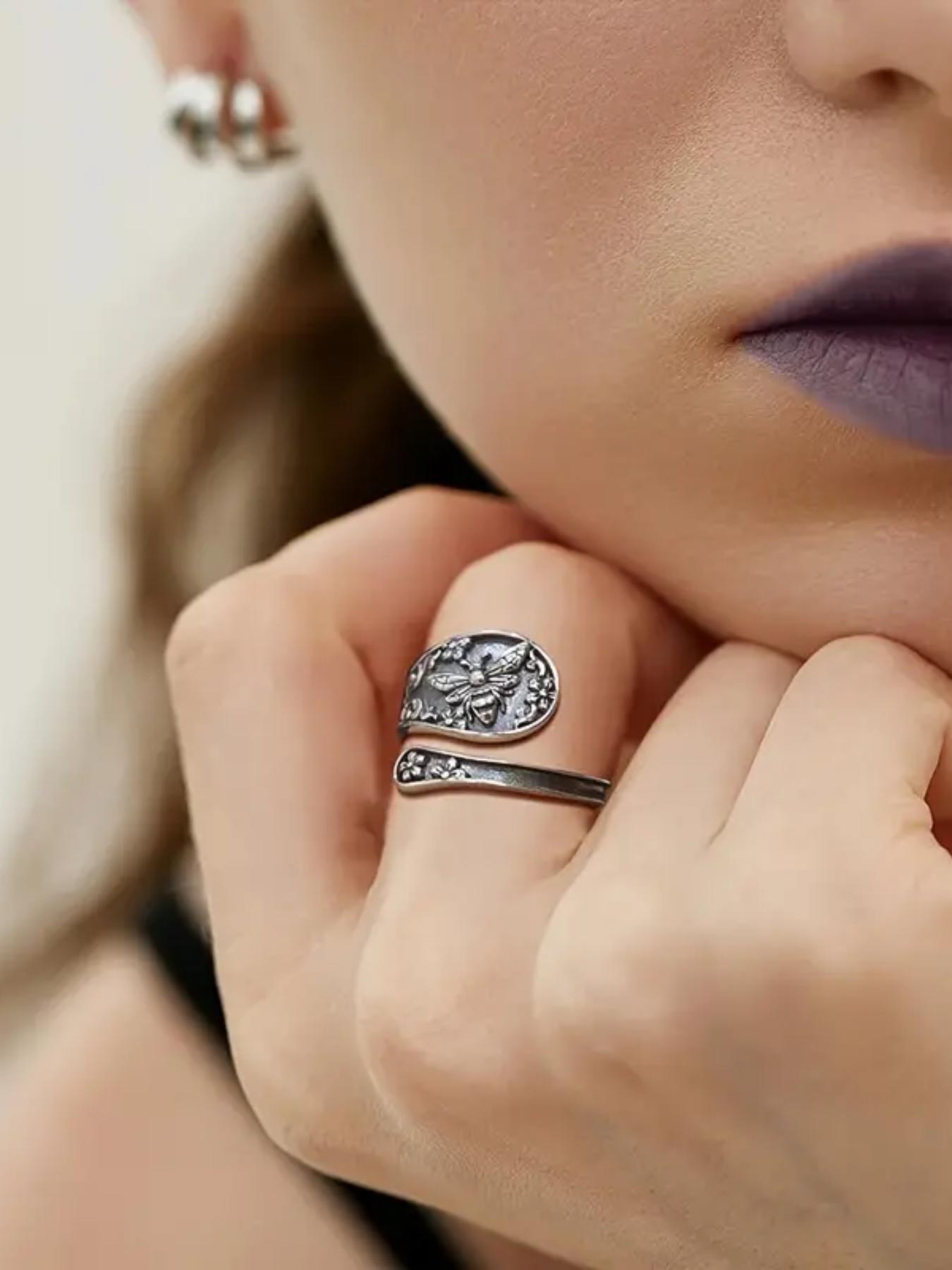 925 Sterling Silver Vintage Bee Design Cuff Ring, 2024 New Style Adjustable Ring for Women & Men, Fashion Jewelry Accessories for Daily Wear