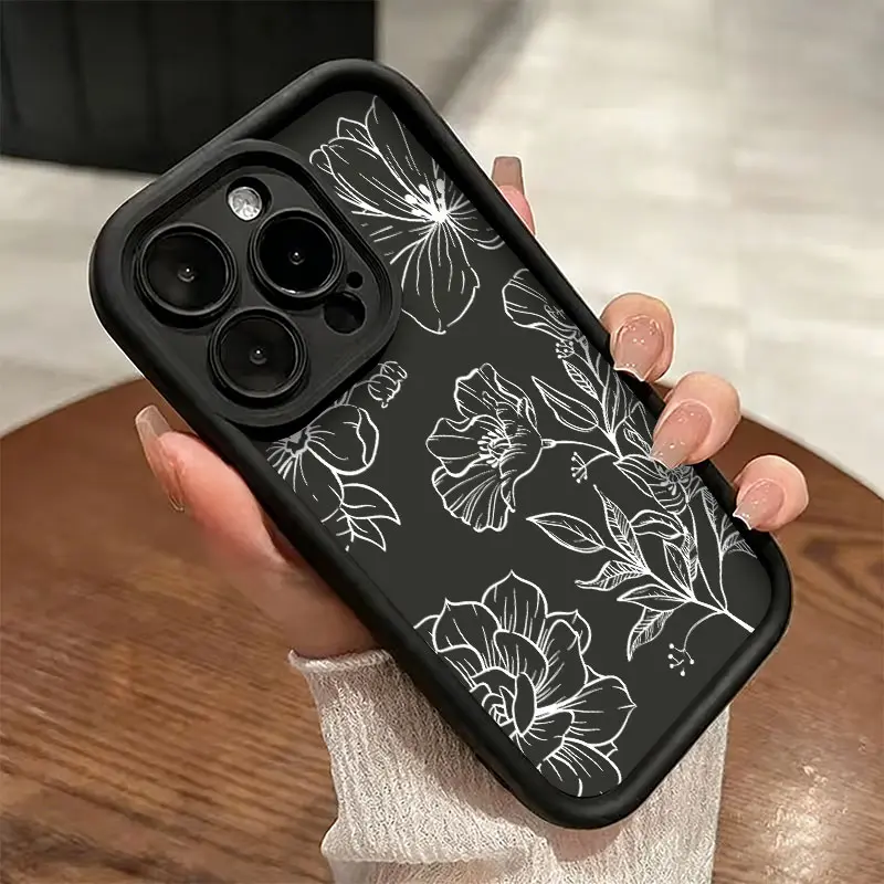 Minimal White Floral Line Art Phone Case,Delicate Outline Flower Vintage Style for iPhone 17 16 15 14 13 12 11 Plus Pro Max,Simple Elegant Daily Gift