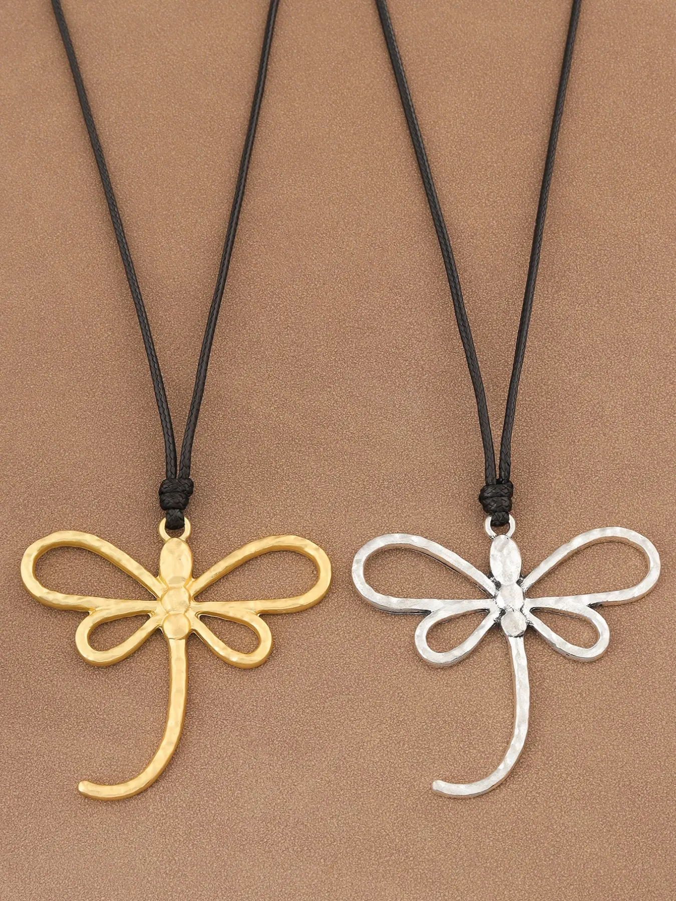 1pc Simple Open Wire Dragonfly Pendant Black Wax Cord Necklace, Gold Silver Hollow Dragonfly Adjustable Rope Long Sweater Necklace Bohemian Women Statement Jewelry