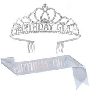 1 Set Birthday Girl Tiara and Sash Set, Gold Rhinestone Crown Headband with Glitter Birthday Sash, Birthday Crowns for Women’s Birthday Party Decorations
