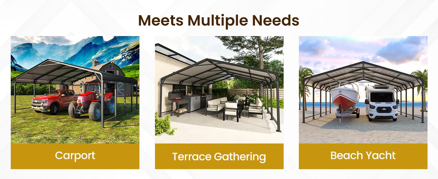 RoyalCraft 20x20 FT Metal Carport, Heavy Duty Canopy with Updated Roof & Enhanced Base, Multi-Use Carport Garage for Car, Truck, Boat, Tractors, Party