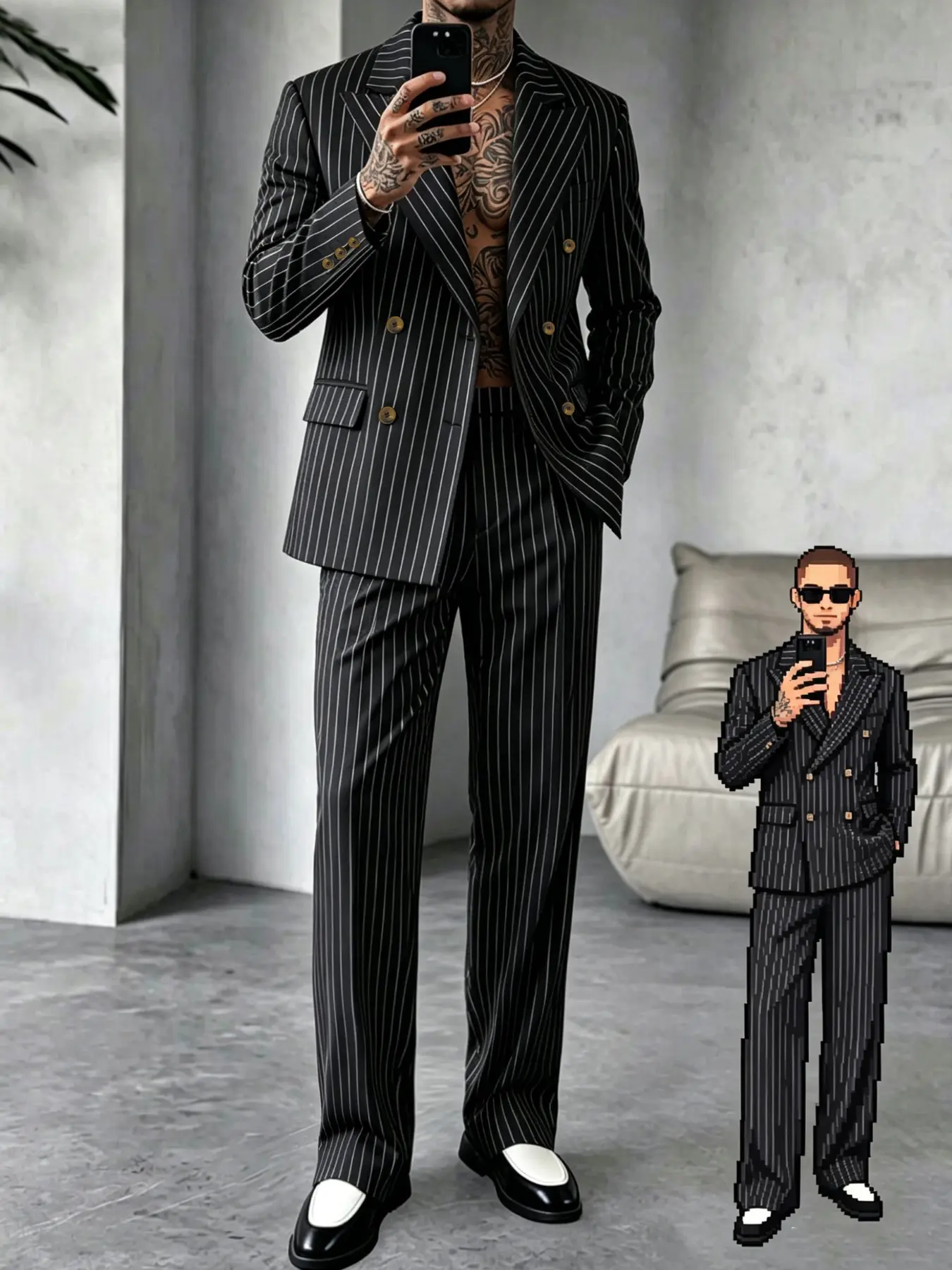 Men's Striped Suit Jacket, Casual Fashion Blazer Set, Double Button Notch Lapel, Straight Leg Pants, Business Wear, Daily Office