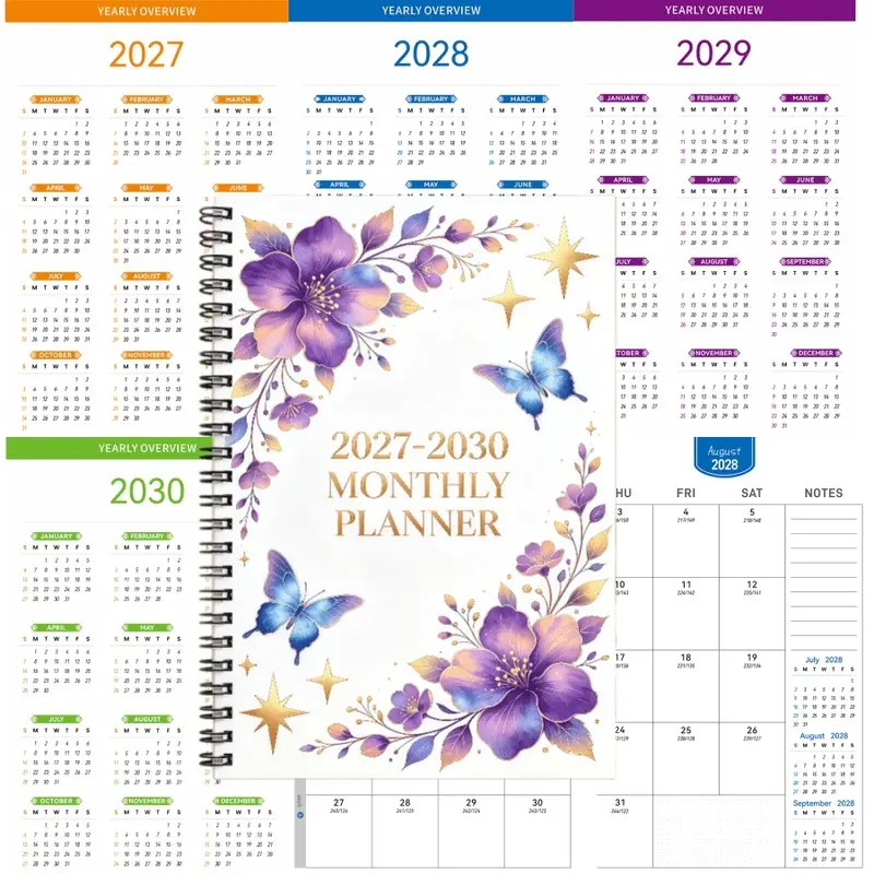 1 A5-sized 2027-2030 calendar - from January 2027 to December 2030, four-year calendar, butterfly and flower cover design, yearly calendar, monthly tabs, 48-month calendar, thick paper, elastic cover