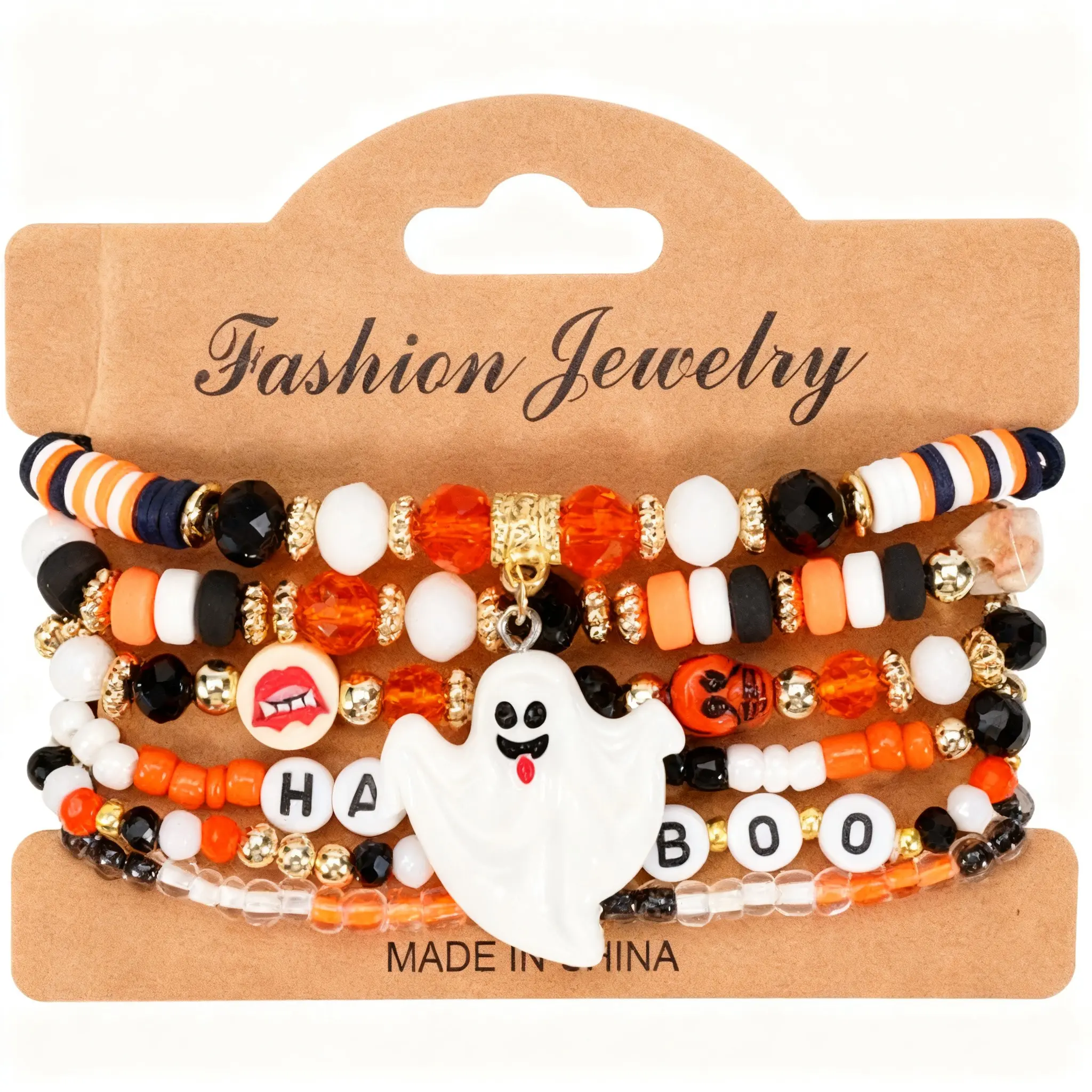 6-Piece Women's Halloween Beaded Bracelets Set, Cute Ghost Pumpkin Charms, Bohemian Beads, Party Jewelry Gift