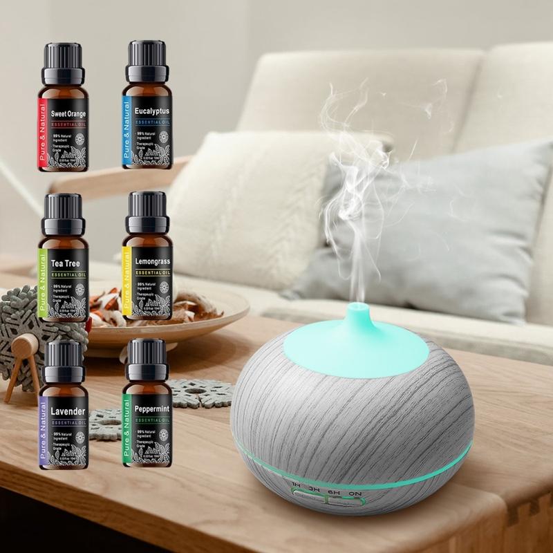 550ml Wood Grain Essential Oil Diffuser, Auto Shut Off, 7 LED Colors, Remote Control Humidifier, 6 Oil Set