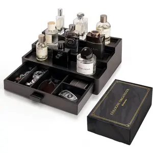Cologne Organizer for Men, 3 Tier Wooden Cologne Stand with Drawer Storage and Hidden Compartment, Perfume Display Holder for Dresser, Great Gifts for Him Dad Fathers Day, Black